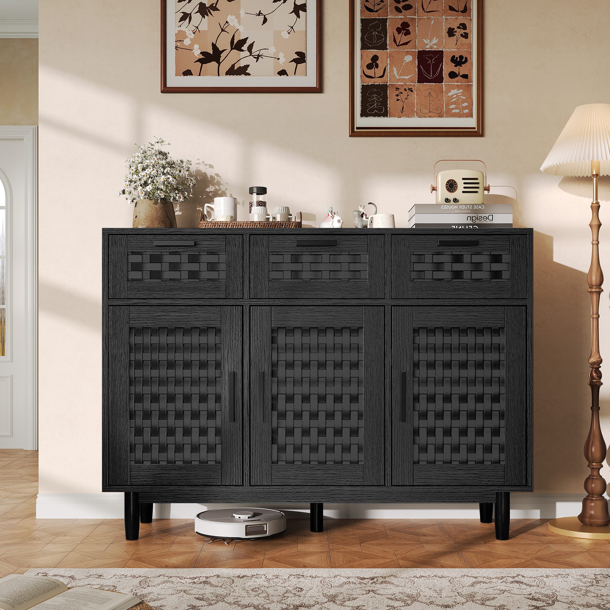 zebery Kommode Sideboard Buffetschrank aus Rattan, Holzbeine (Set, 1 St., Anrichte Küchenschrank mit 3 Schubladen und 3 Türen, Metallgriff), für Schlafzimmer, Wohnzimmer, Flur, 108x40x80cm, Holzfarben