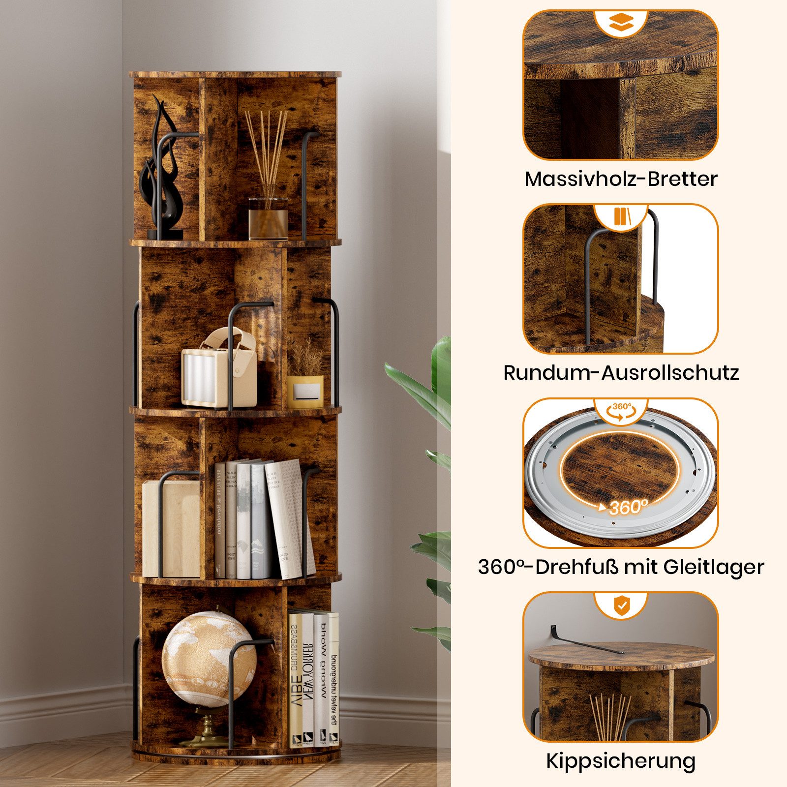 Oak&Tea Bücherregal Bücherregal drehbar mit 4 Ebenen, Standregal für Bücher günstig online kaufen
