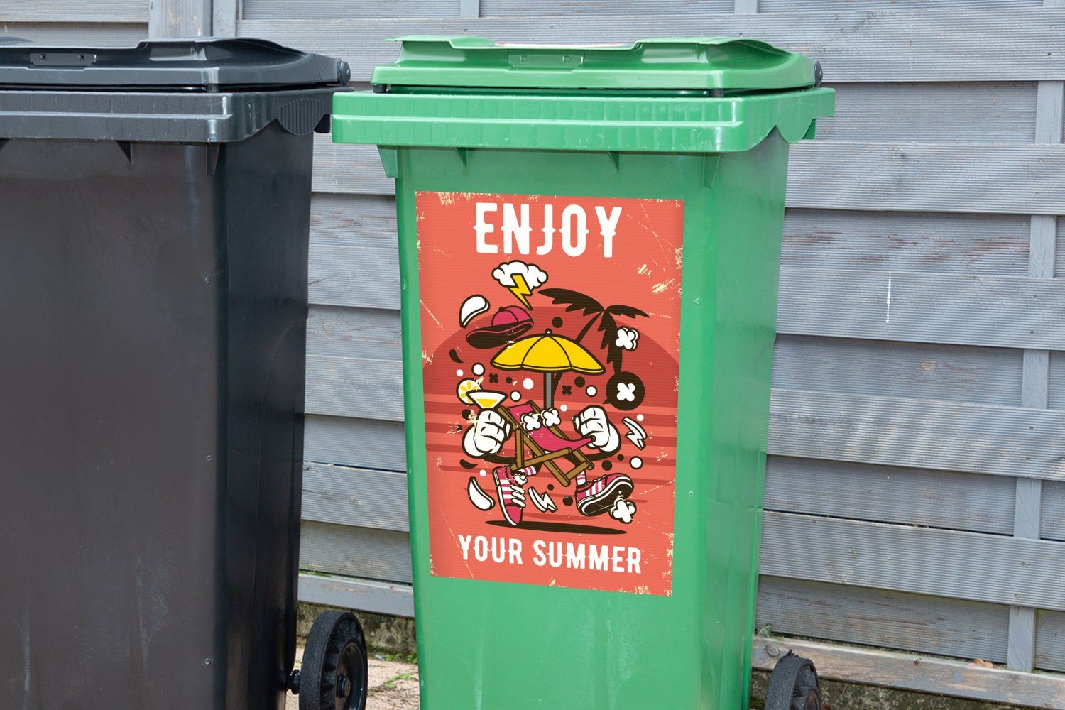 MuchoWow Wandsticker Sonnenschirm - Retro Container, Sticker, Sommer St), (1 Mülleimer-aufkleber, Abfalbehälter Mülltonne, 