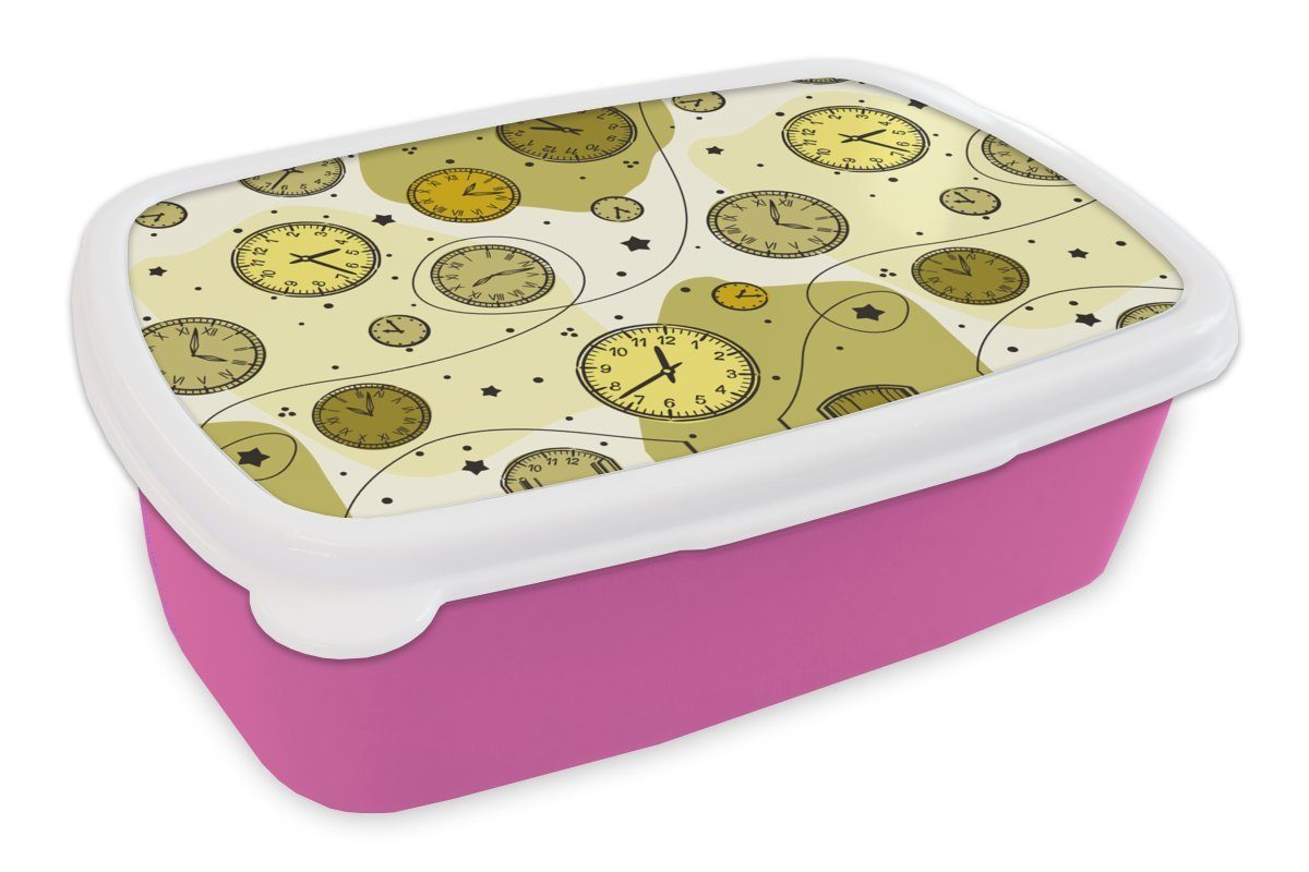 MuchoWow Lunchbox Retro - Uhr - Muster - Polka dots, Kunststoff, (2-tlg), Brotbox für Erwachsene, Brotdose Kinder, Snackbox, Mädchen, Kunststoff rosa