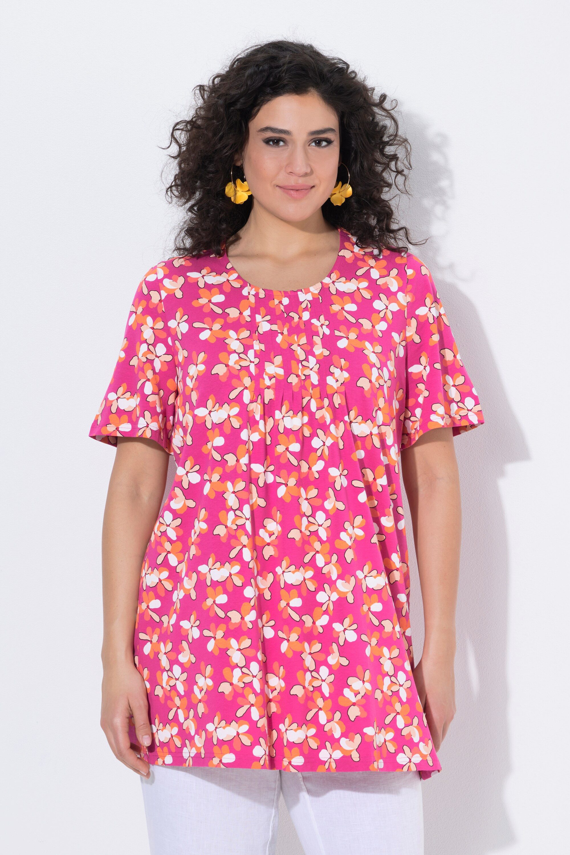 Ulla Popken Longshirt Longshirt Blüten Zierfalten A-Linie Rundhals