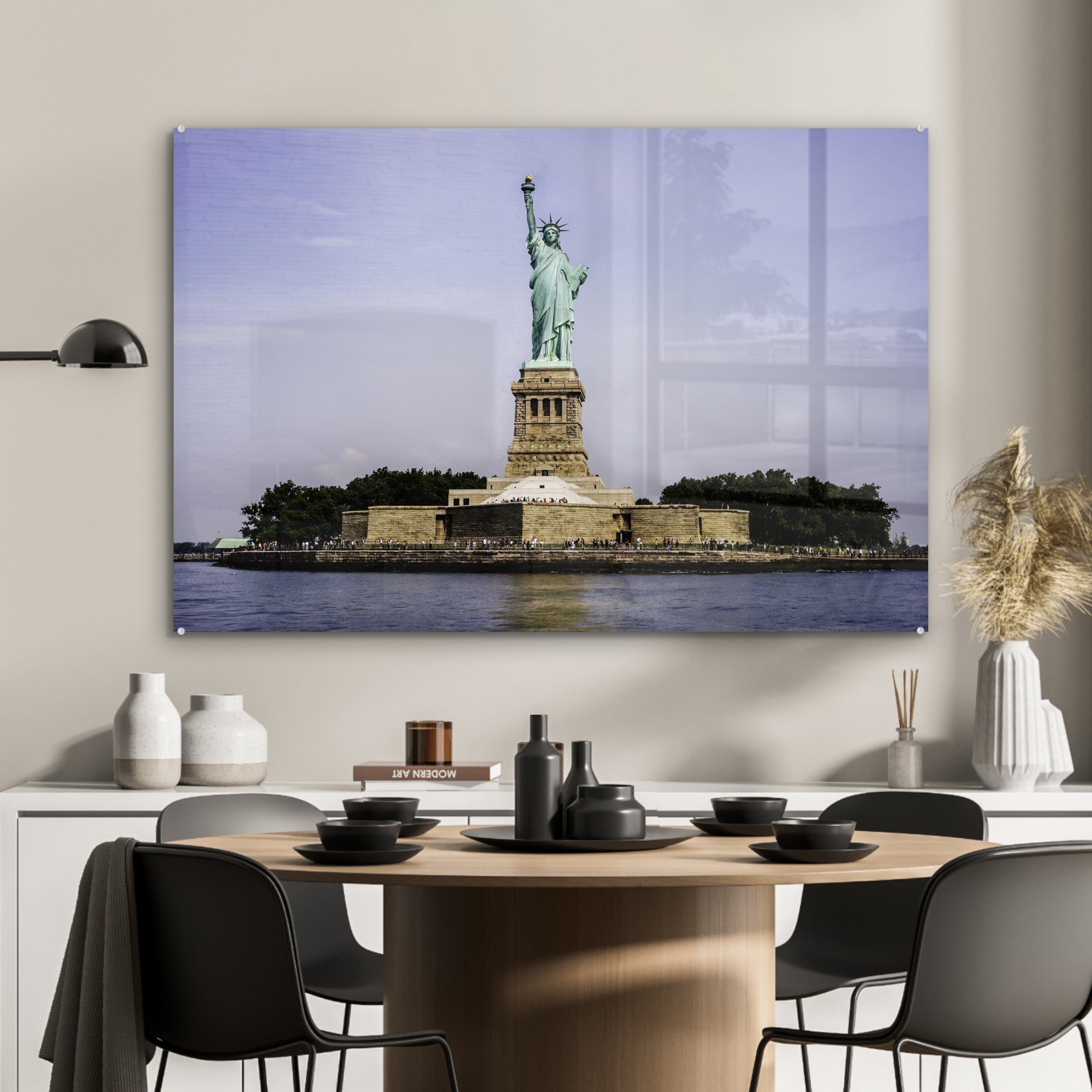 Island Schlafzimmer St), Acrylglasbild auf New (1 Liberty York, amerikanische MuchoWow Freiheitsstatue Die Acrylglasbilder & Wohnzimmer