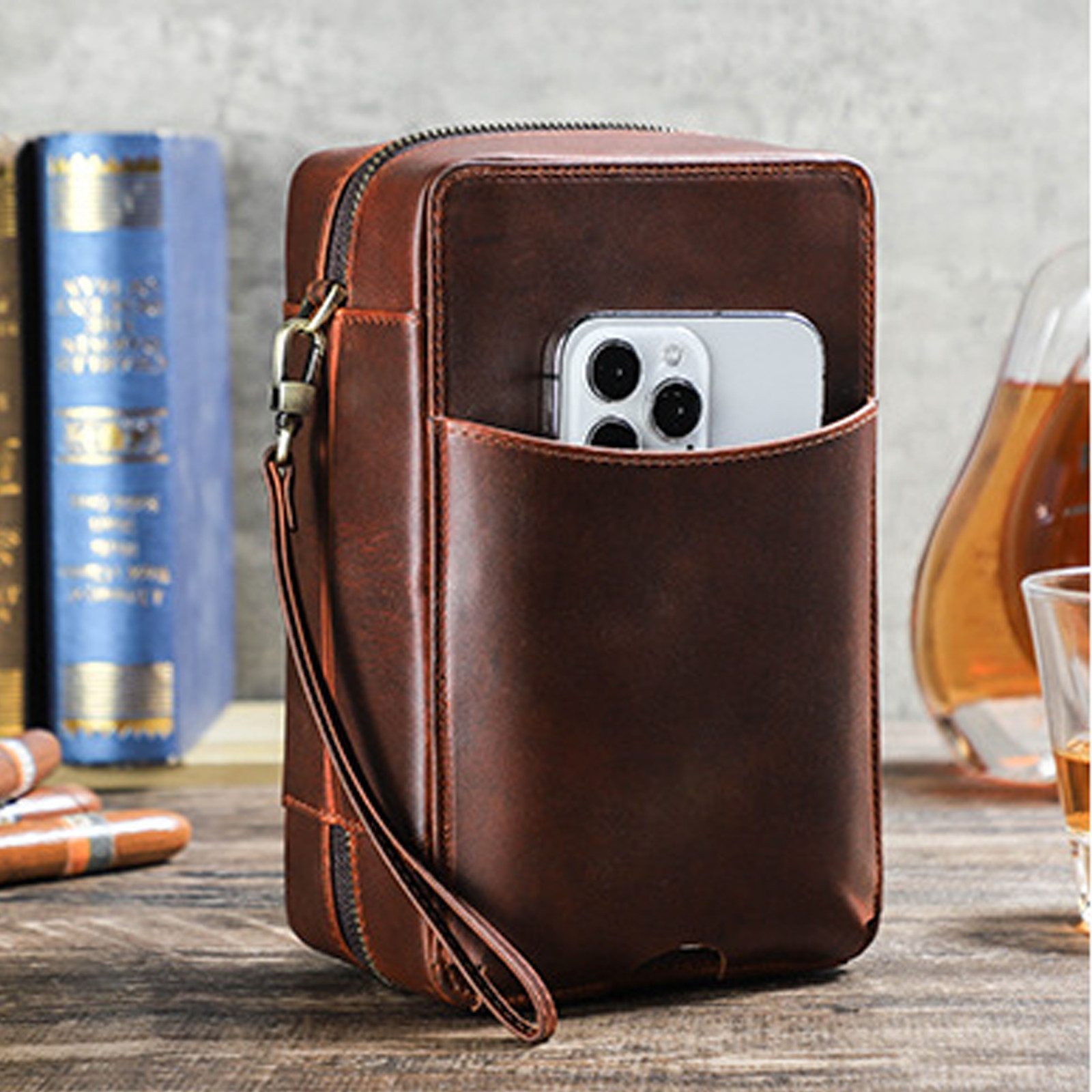 YUBRO-STUDIO Tabakbeutel Vintage Vollnarbenleder Zigarrenetui 7 Steckplätze günstig online kaufen