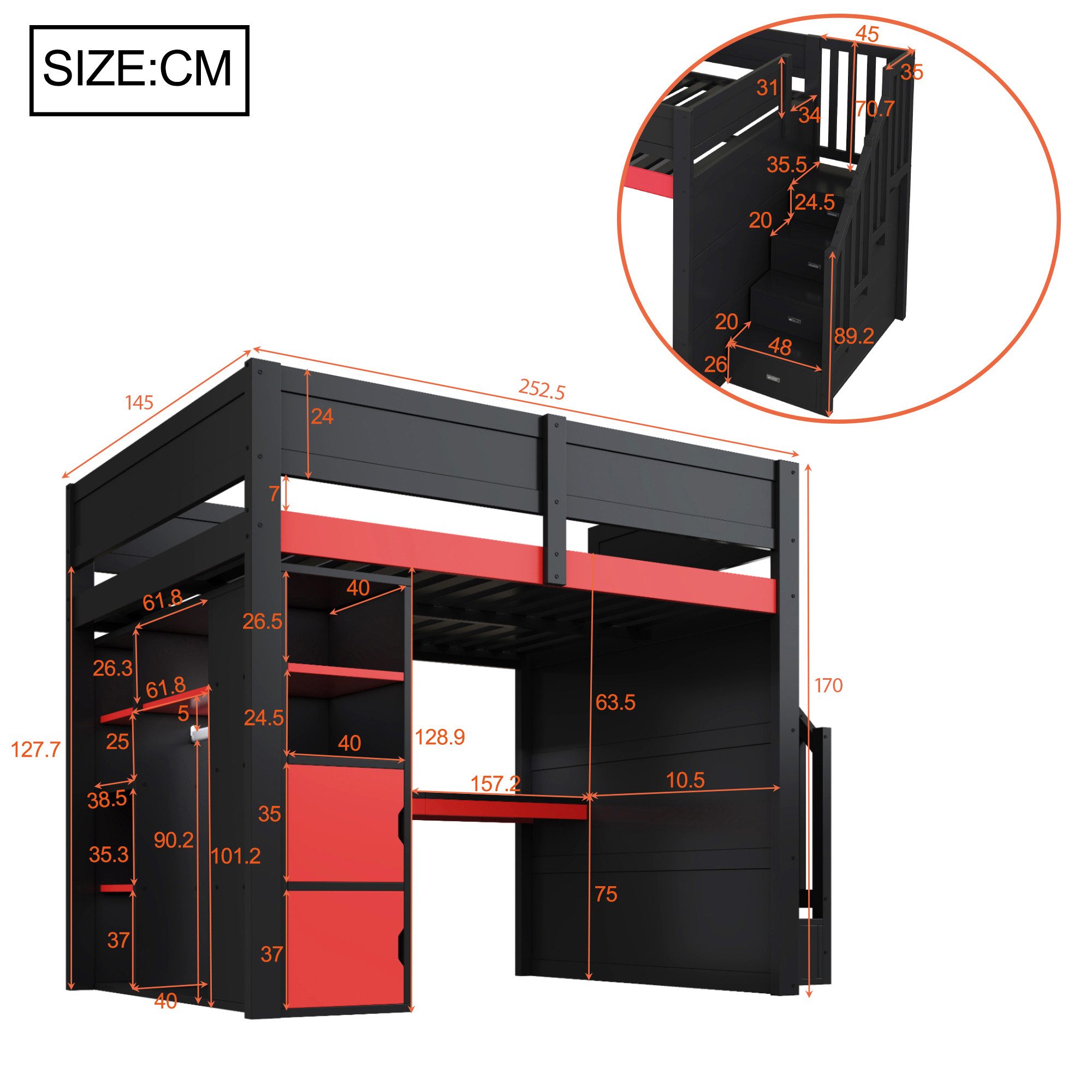 Merax Hochbett 140x200cm mit LED und USB (Gaming Jugendbett Einzelbett, 1-St) Holz Kinderbett mit Schreibtisch, Stauraum & Treppe mit Fächern – Bild 5 von 5
