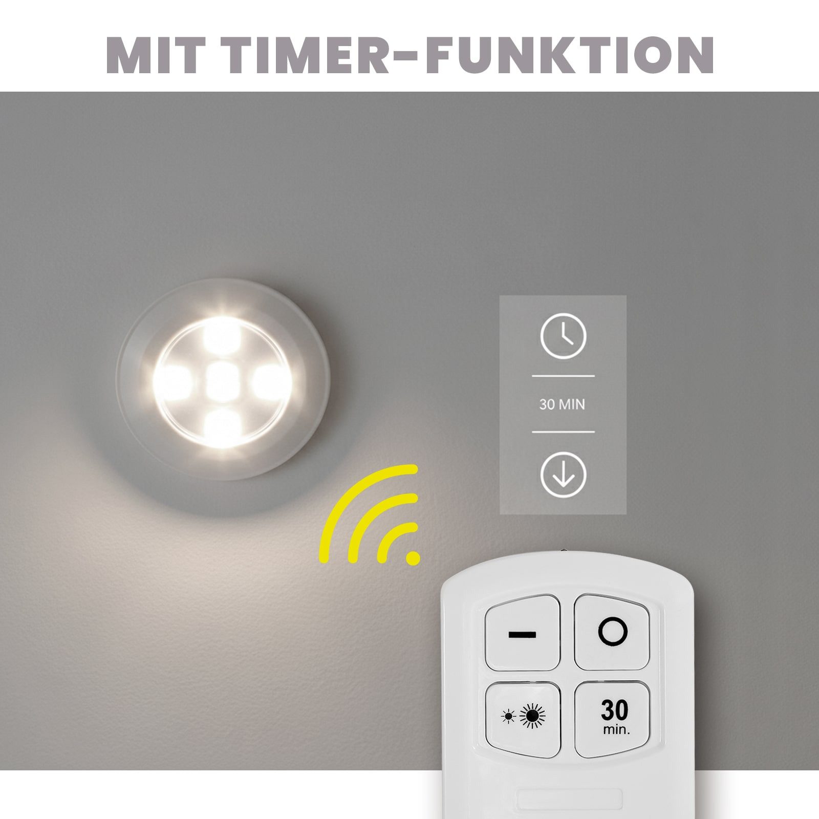 EAXUS LED Unterbauleuchte LED Lampe Batteriebetrieben mit Fernbedienung und Timer, Dimmbar (100%/50% Leuchtkraft), 30 Minuten Timer, LED fest integriert, Neutralweiß, Selbstklebend