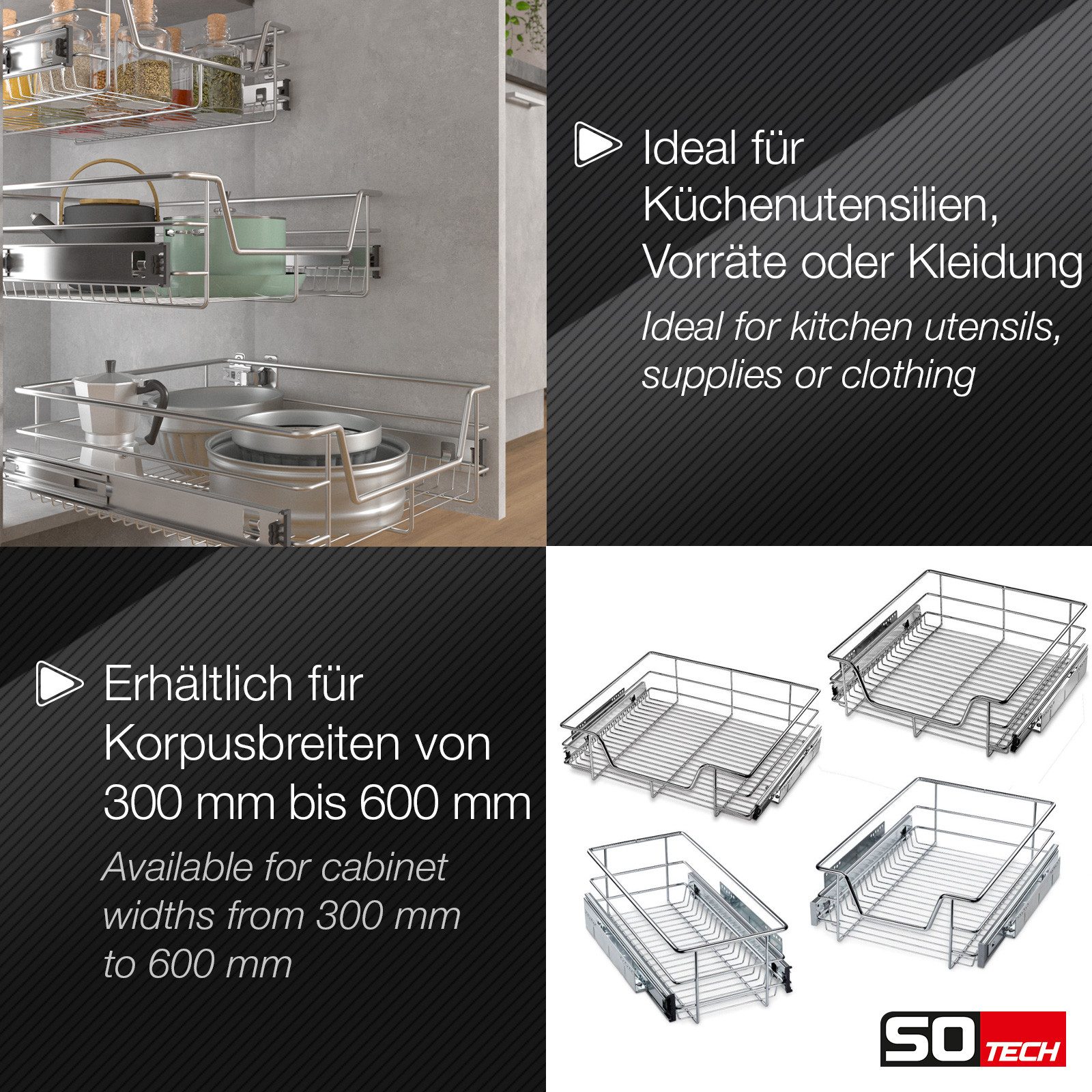 SO-TECH® Schublade Drahtkorbauszug Teleskopauszug zum Nachrüsten, kugelgelagert, Breite 40 cm Teleskopschublade mit Befestigungsmaterial