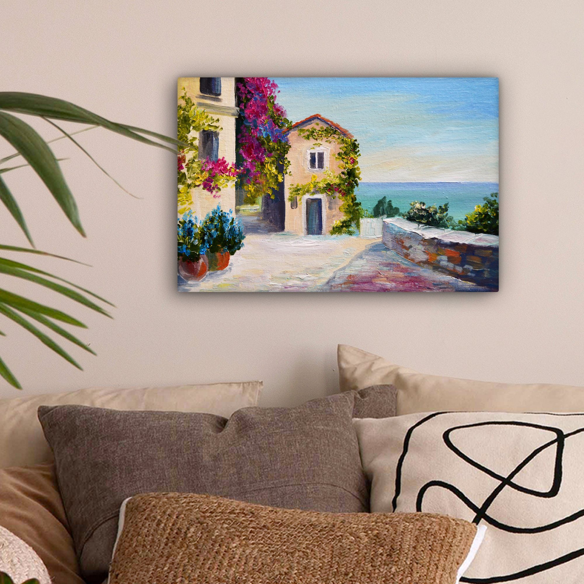 OneMillionCanvasses® Leinwandbild Malerei - Haus - Ölfarbe - Dorf, Fotodruck (1 St), Leinwand Bilder Klein, Wand Dekoration Aesthetic 30x20 cm