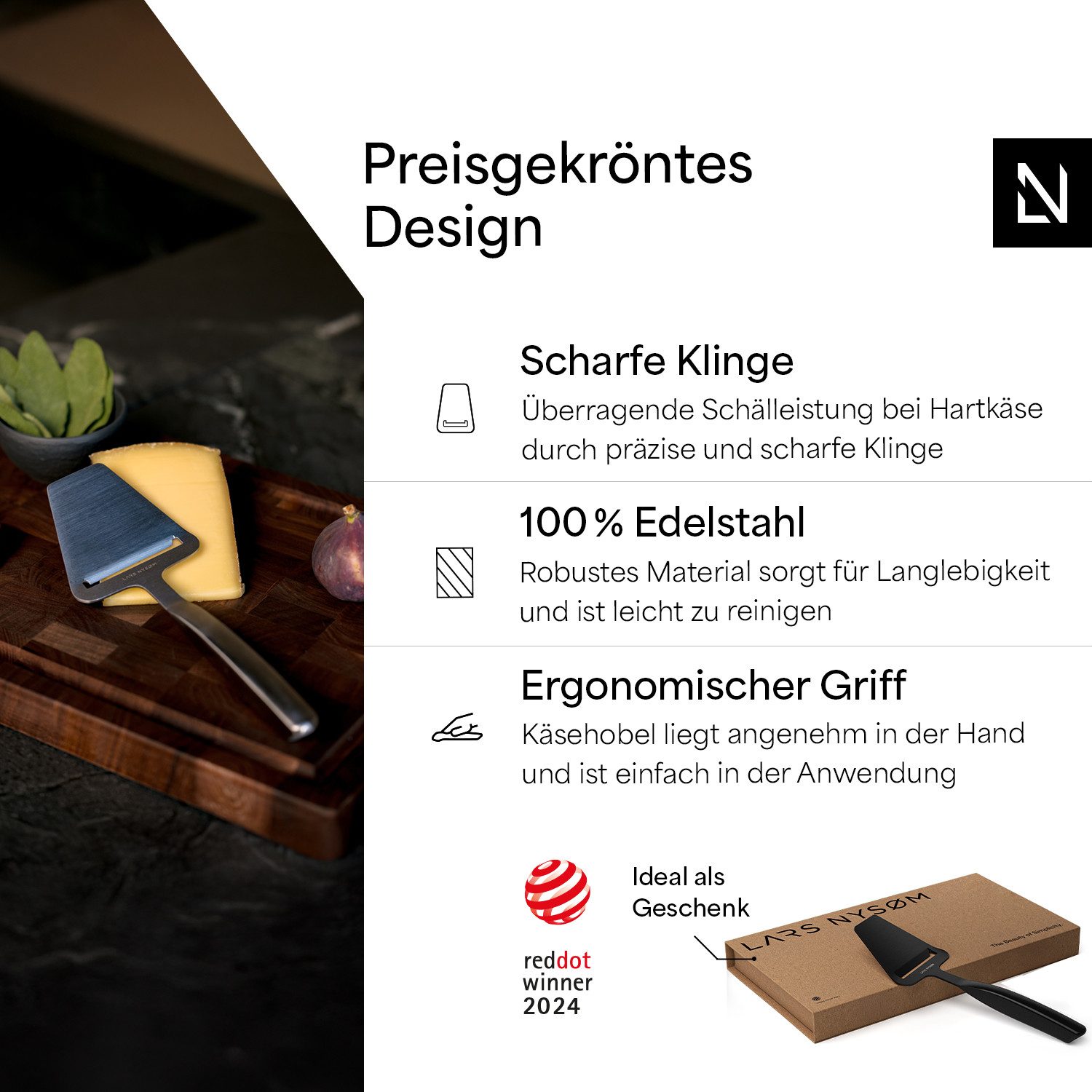 LARS NYSØM Käsemesser Skrælle, Edelstahl Käseschäler mit ergonomischem Griff