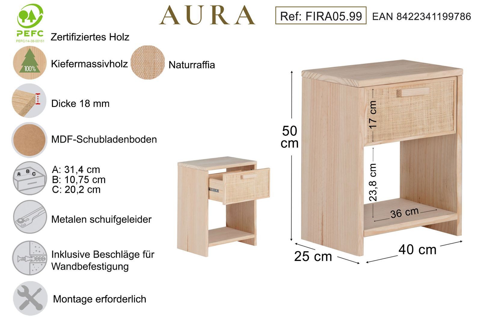 Astigarraga Kit Line Drehtürenschrank Nachttisch Kommode Beistelltisch eine Schublade, praktisch und klein