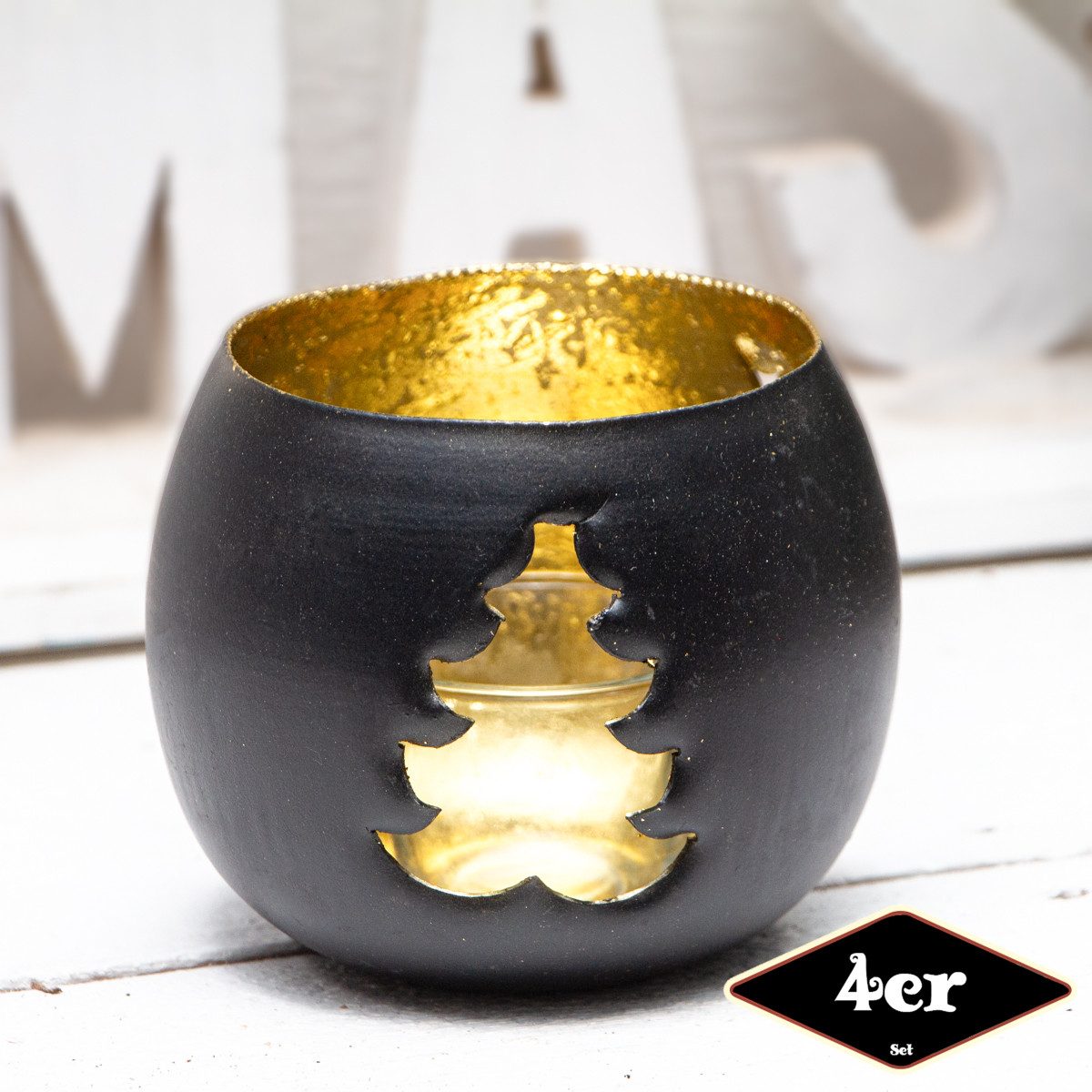 Antikas Weihnachtsfigur Teelichthalterset, Baum, 4er Set, Eisen, Schwarz, Gold, H10,0xB11,5