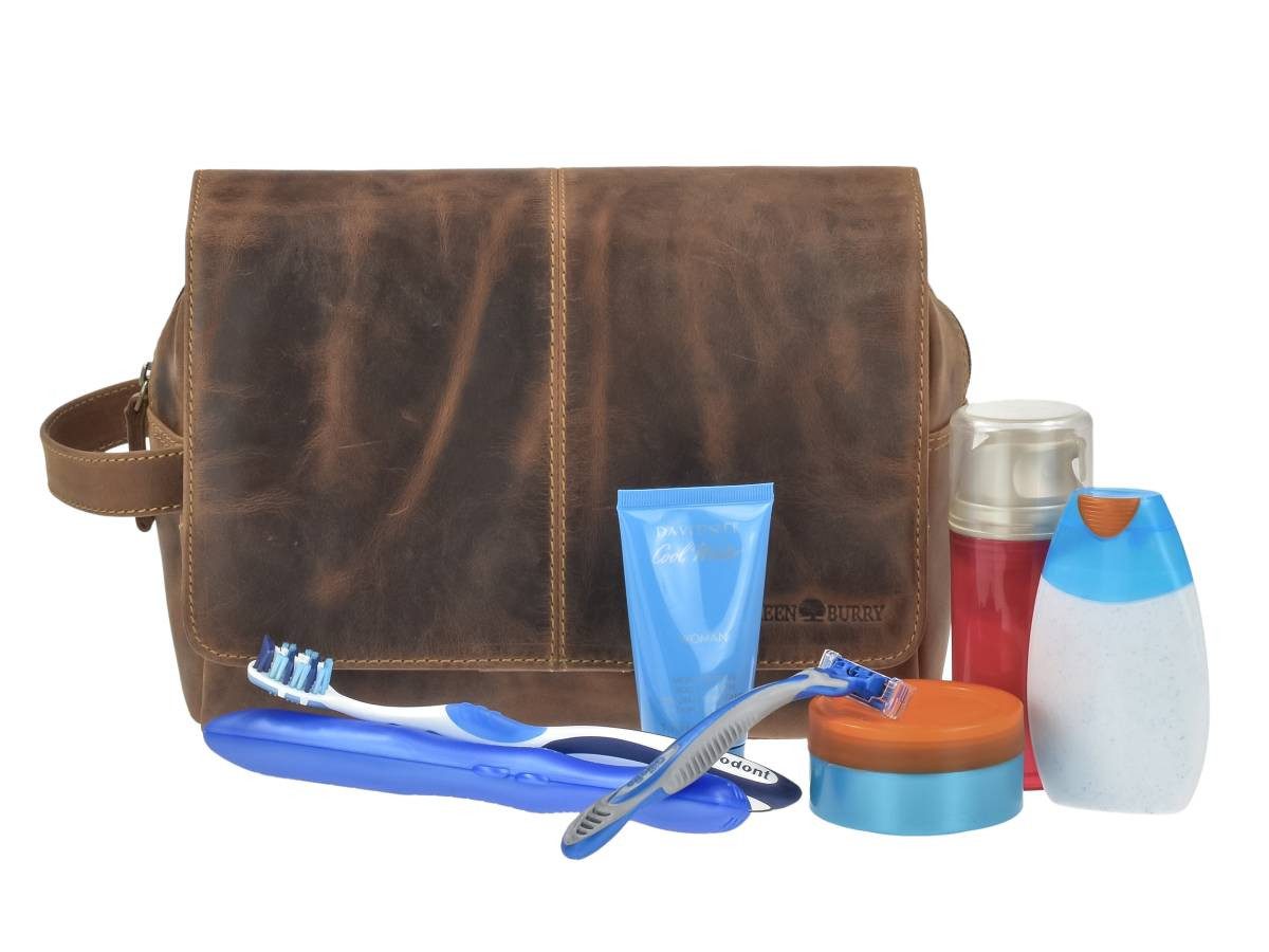 Greenburry Kulturbeutel "Vintage" Leder Kulturtasche zum Aufhängen zum Anhängen antik braun, Kosmetikbeutel, Waschtasche, für Damen und Herren, braun