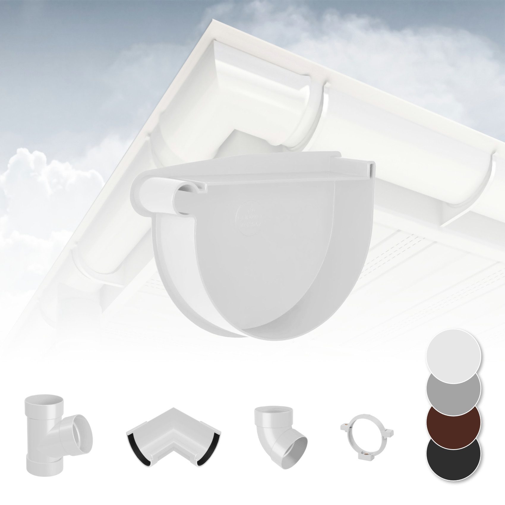 RainWay Dachrinne, Regenrinnen System (Stutzenendkappe links) - PVC-U Kunststoff in 4 Farben, für Dachflächen < 100m² empfohlen, Endstück Endkappe