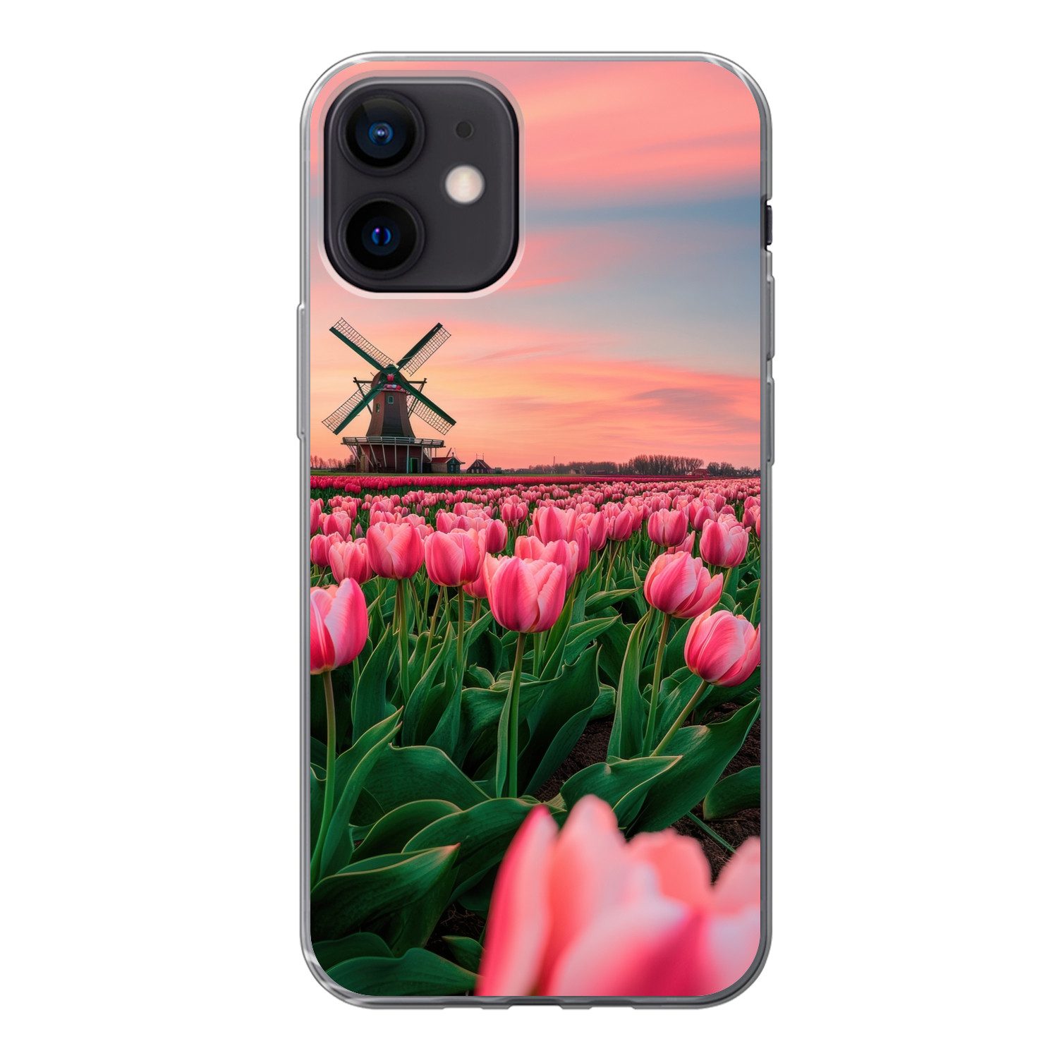 MuchoWow Handyhülle für Apple iPhone 12 Tulpen - Mühle - Niederlande, Smartphone-Bumper, Print, Handy Schutzhülle Dünn