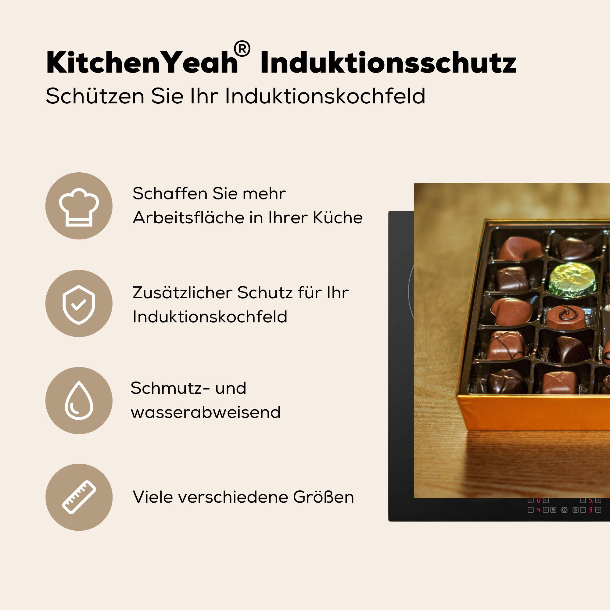 Schachtel Herdblende-/Abdeckplatte Schutz belgischen mit Eine küche, Pralinen, MuchoWow Induktionskochfeld tlg), die für cm, Vinyl, 81x52 (1 Ceranfeldabdeckung