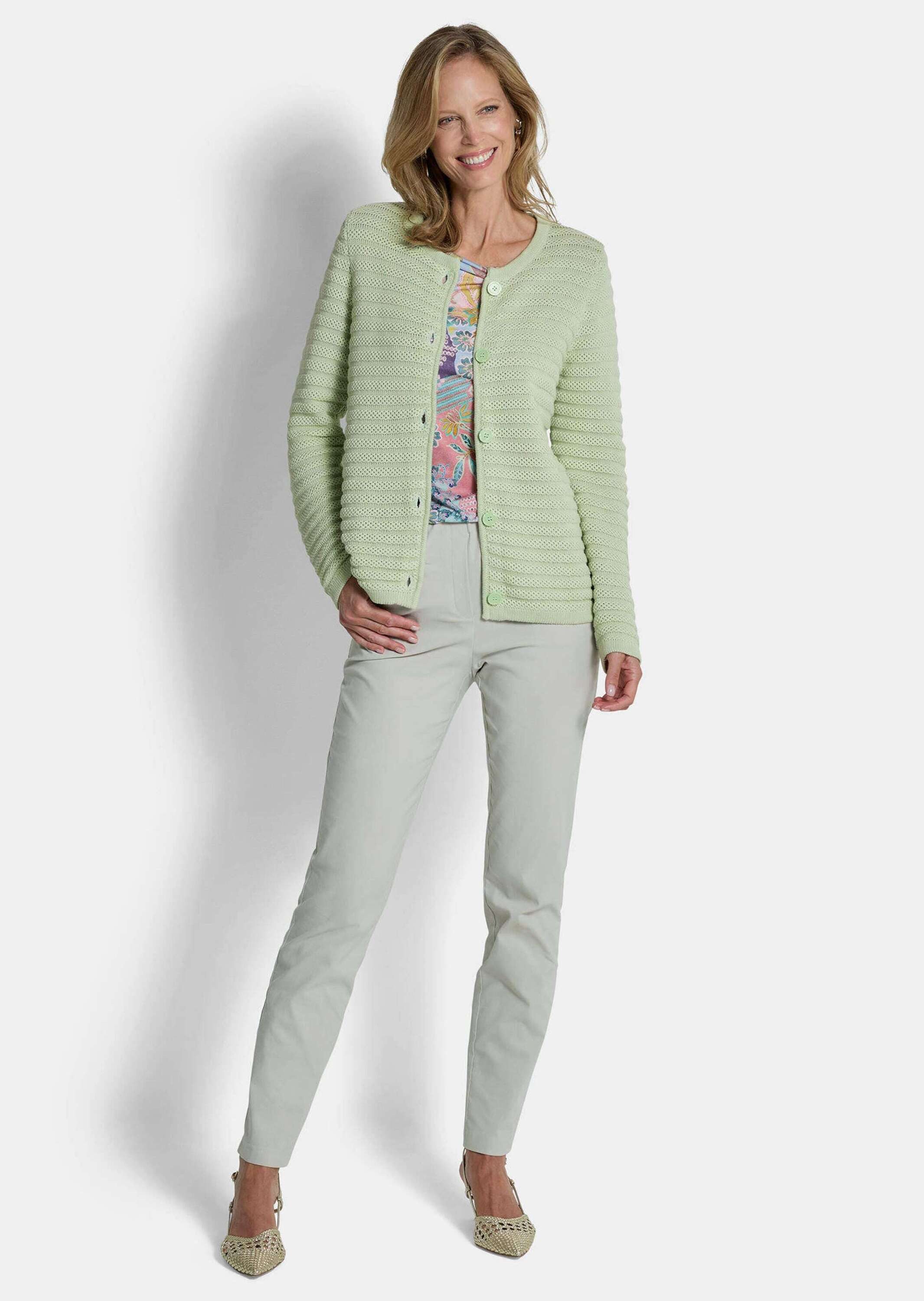 GOLDNER Strickjacke Ajourjacke in Querrippen-Optik Baumwolljacke mit Rundhals, Knopfleiste und Langarm