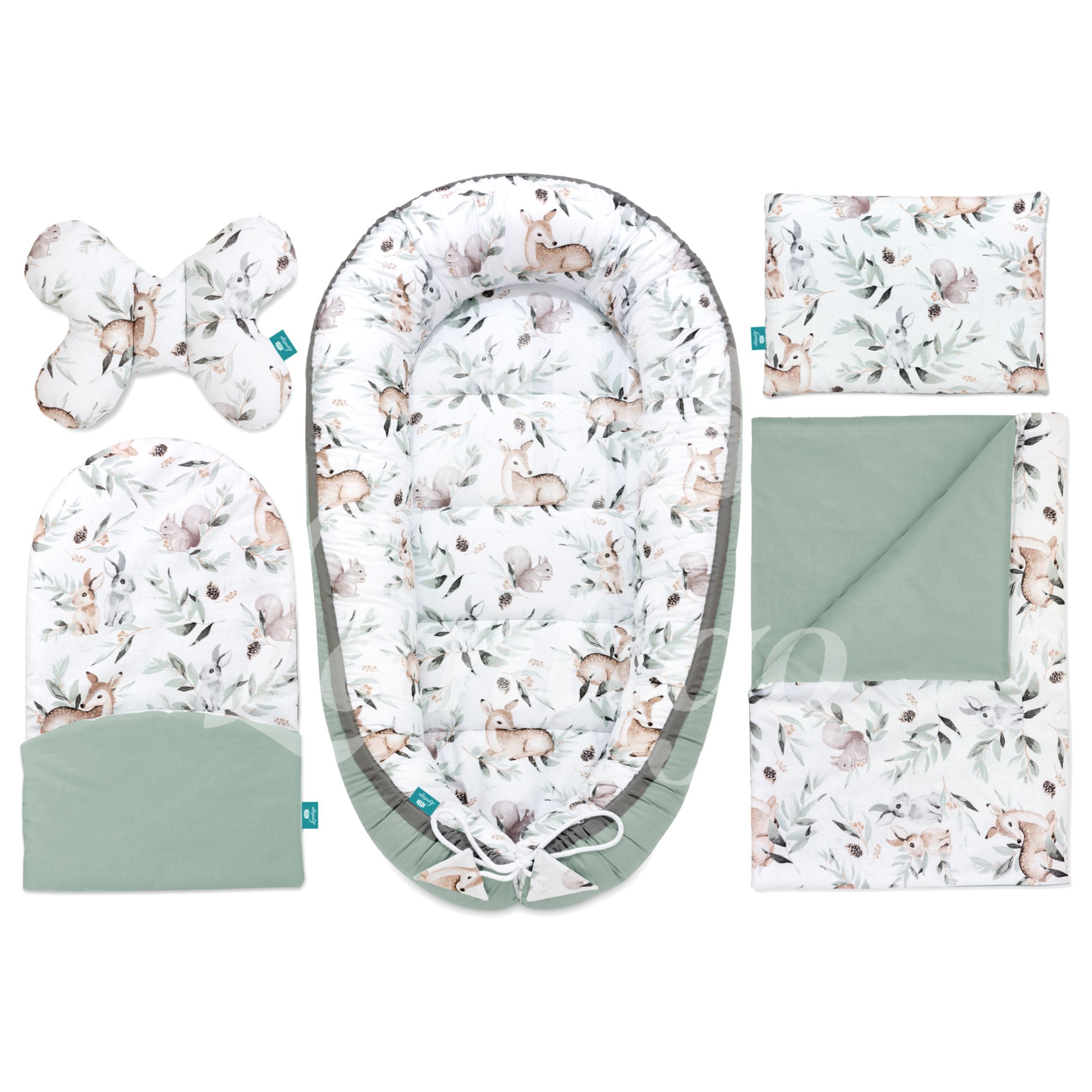 Lantigo Bettnestchen Nest Set für Neugeborene, Babynest Baby Nestchen Erstausstattung, (Grün, 6-tlg., Green Groove), 100 % Baumwolle inkl. Baby - Kuschelkokon, Kissen, Decke, Matraze