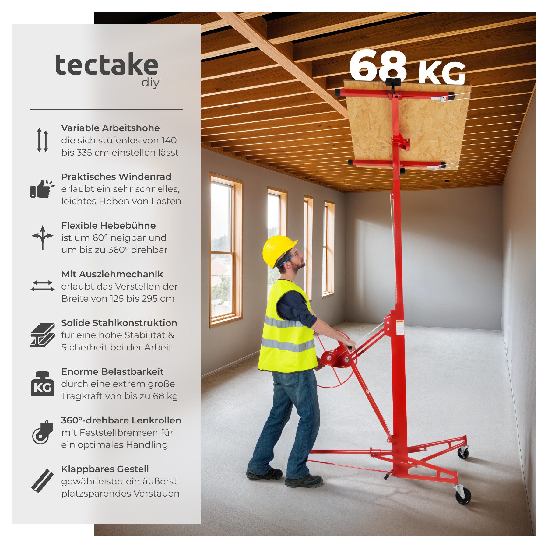 tectake Plattenheber Trockenbau Werkzeug 140-335 cm, 1-tlg.], 1-Mann-Bedienung