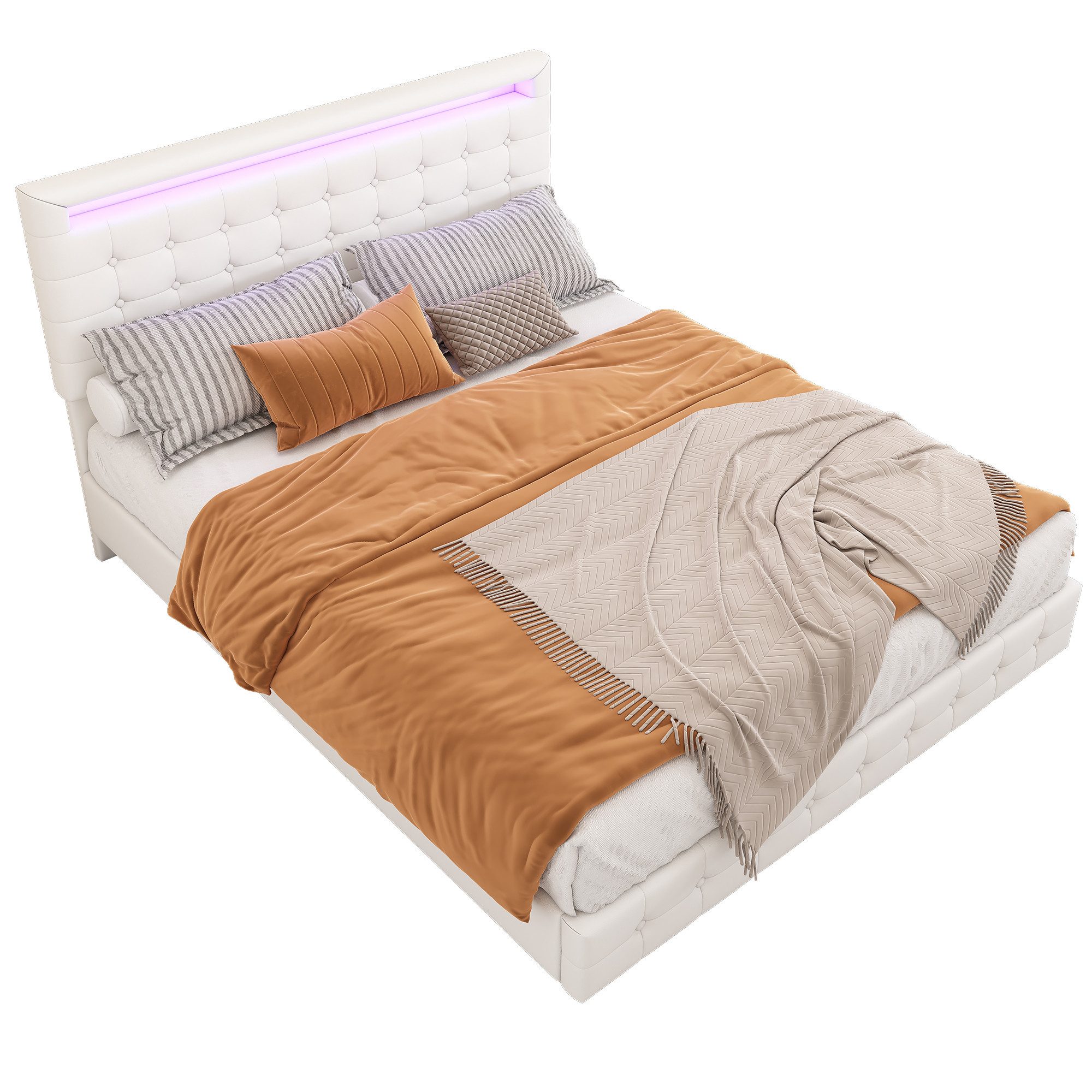 Polsterbett Doppelbett, LED-Umgebungslicht, 24-Tasten-Fernbedienung, Federung