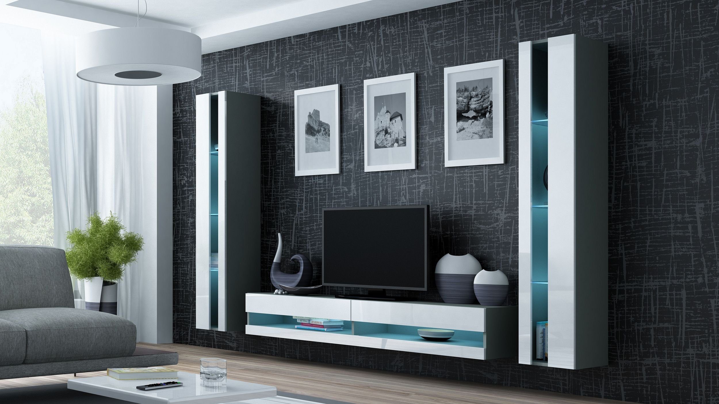 Stylefy Wohnwand Vago New III, (Set (3-St), Wohnmöbel, Wohnzimmer-Set), bestehend aus 1xLowboard und 2xHängevitrine, inkl. LED-Beleuchtung, Glaselemente, Modern Design Grau Matt - Weiß Hochglanz