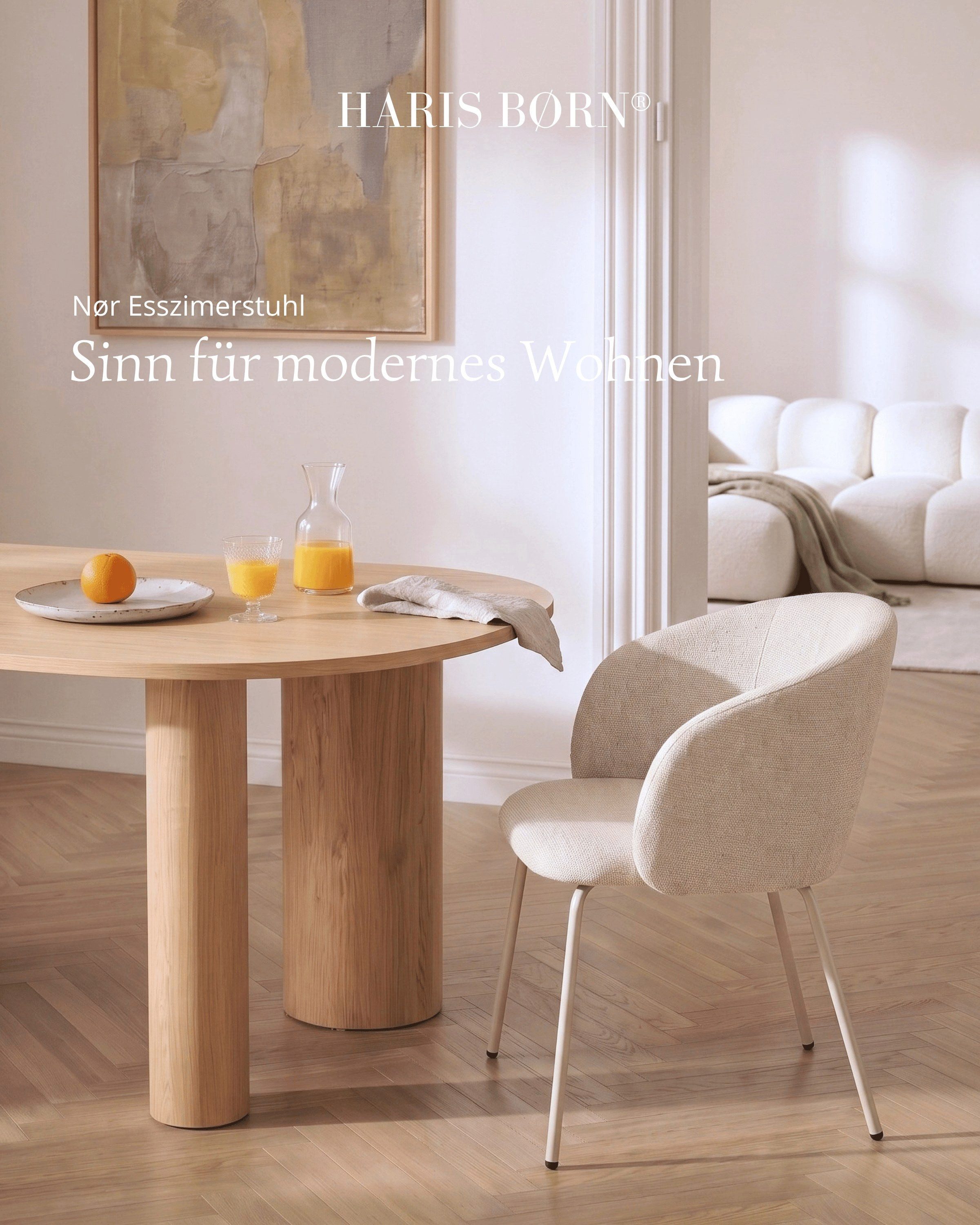 Haris Børn Esszimmerstuhl mit Armlehnen NØR - Hochwertige Polsterstühle für Esszimmer (Set, 6 St), Beige/Beine hellgrau - Premium Esszimmer Stühle & Wohnzimmer  – Bild 4 von 5