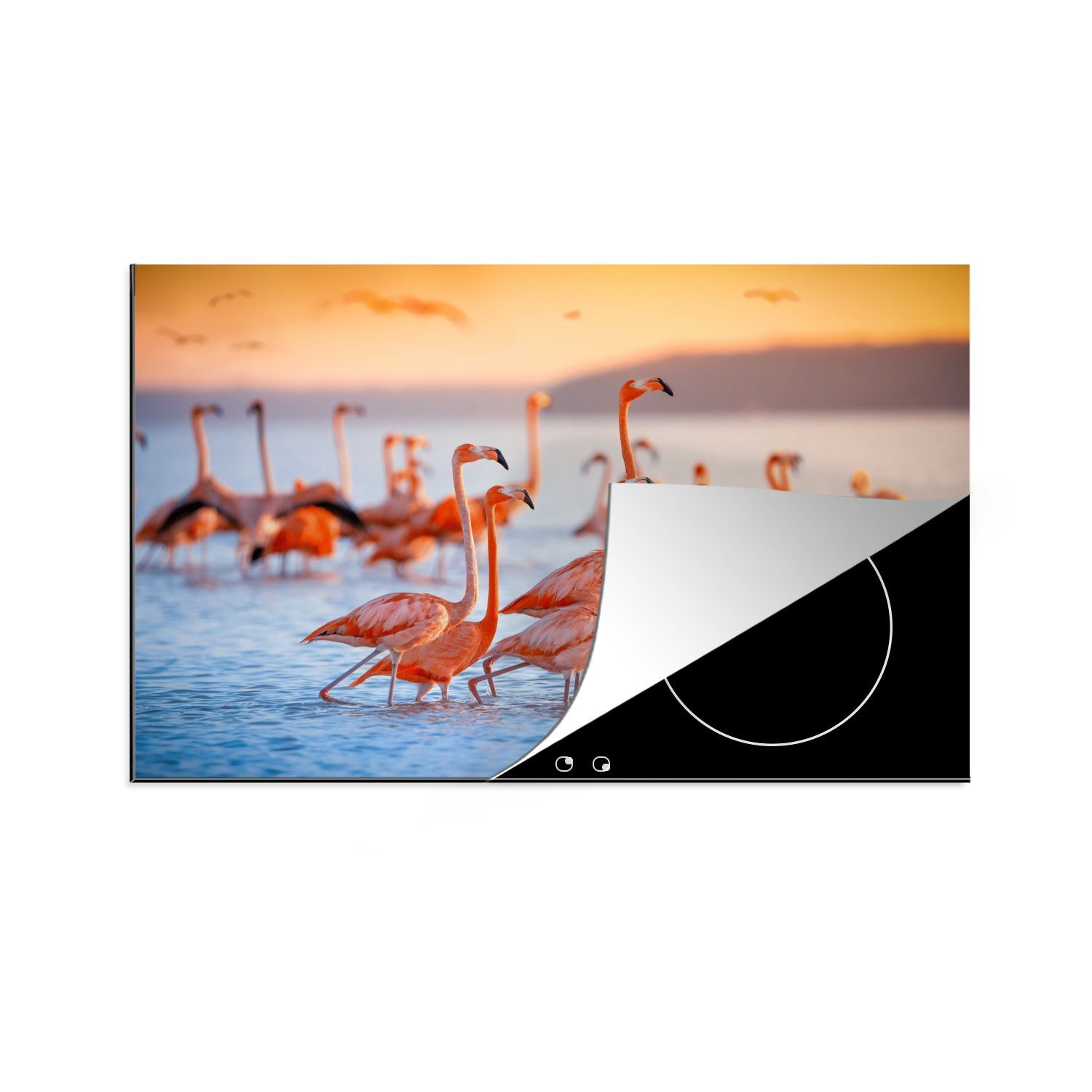 MuchoWow Herdblende-/Abdeckplatte Flamingo - Tiere - Wasser - Rosa, Vinyl, (1 tlg), 81x52 cm, Ceranfeldabdeckung, Arbeitsplatte für küche