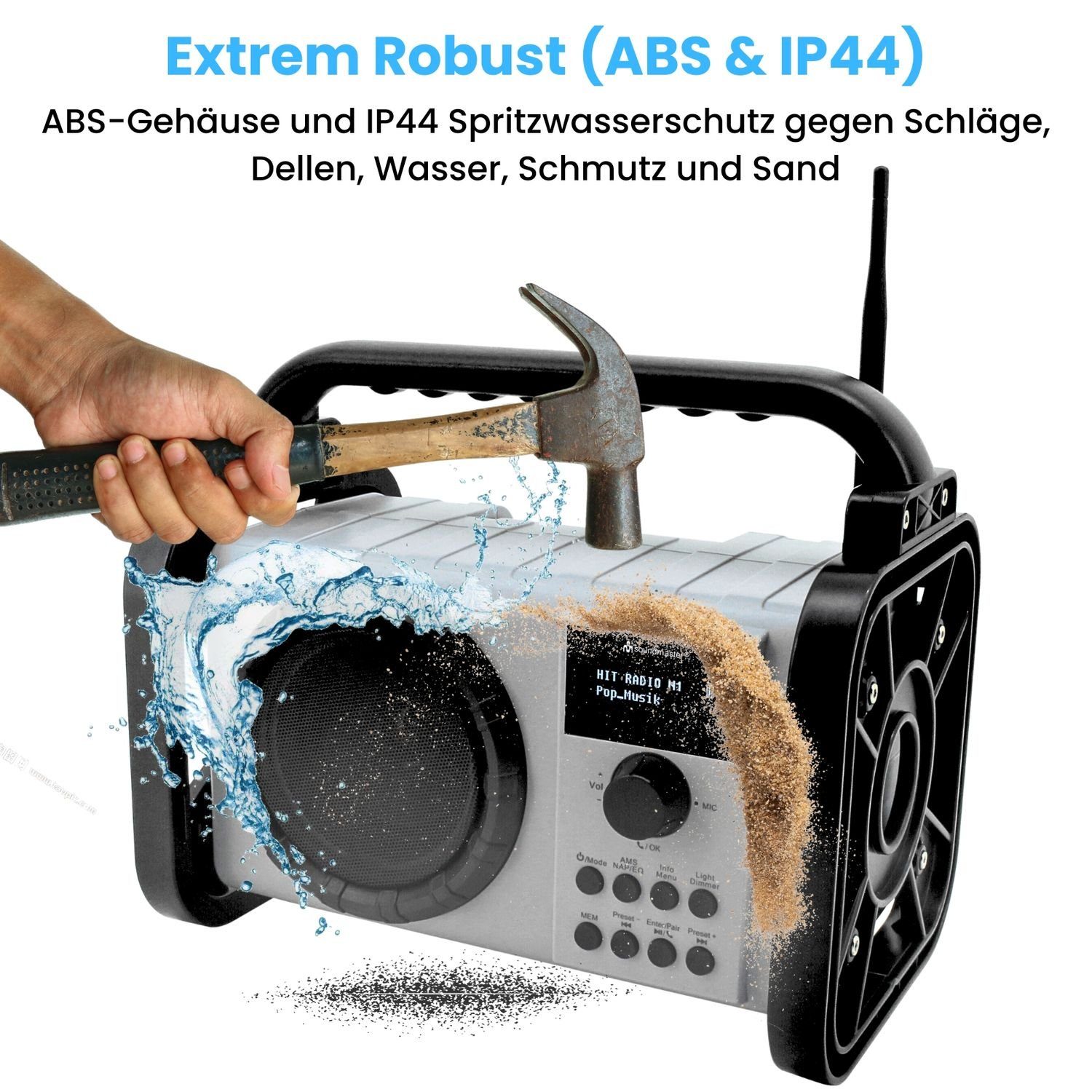 Soundmaster DAB80OR Baustellenradio DAB+ Bluetooth Akku IP44 spritzwassergeschützt Baustellenradio (DAB+, MW, PLL-UKW, FM, 5 W, Baustellenradio, ABS-Gehäuse, IP44 Spritzwasserschutz, LED Lampe, Akku)