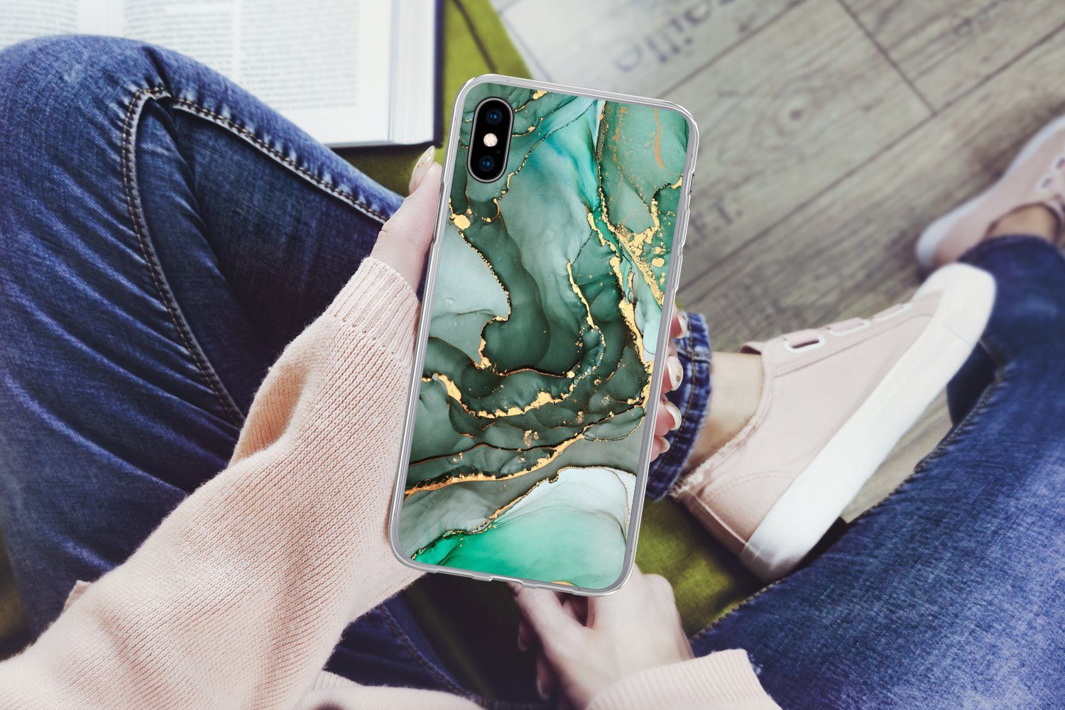 MuchoWow Handyhülle für Apple iPhone XS Gold - Marmor - Grün - Luxus - Marmoroptik - Grau, Smartphone-Bumper, Print, Handy Schutzhülle Dünn