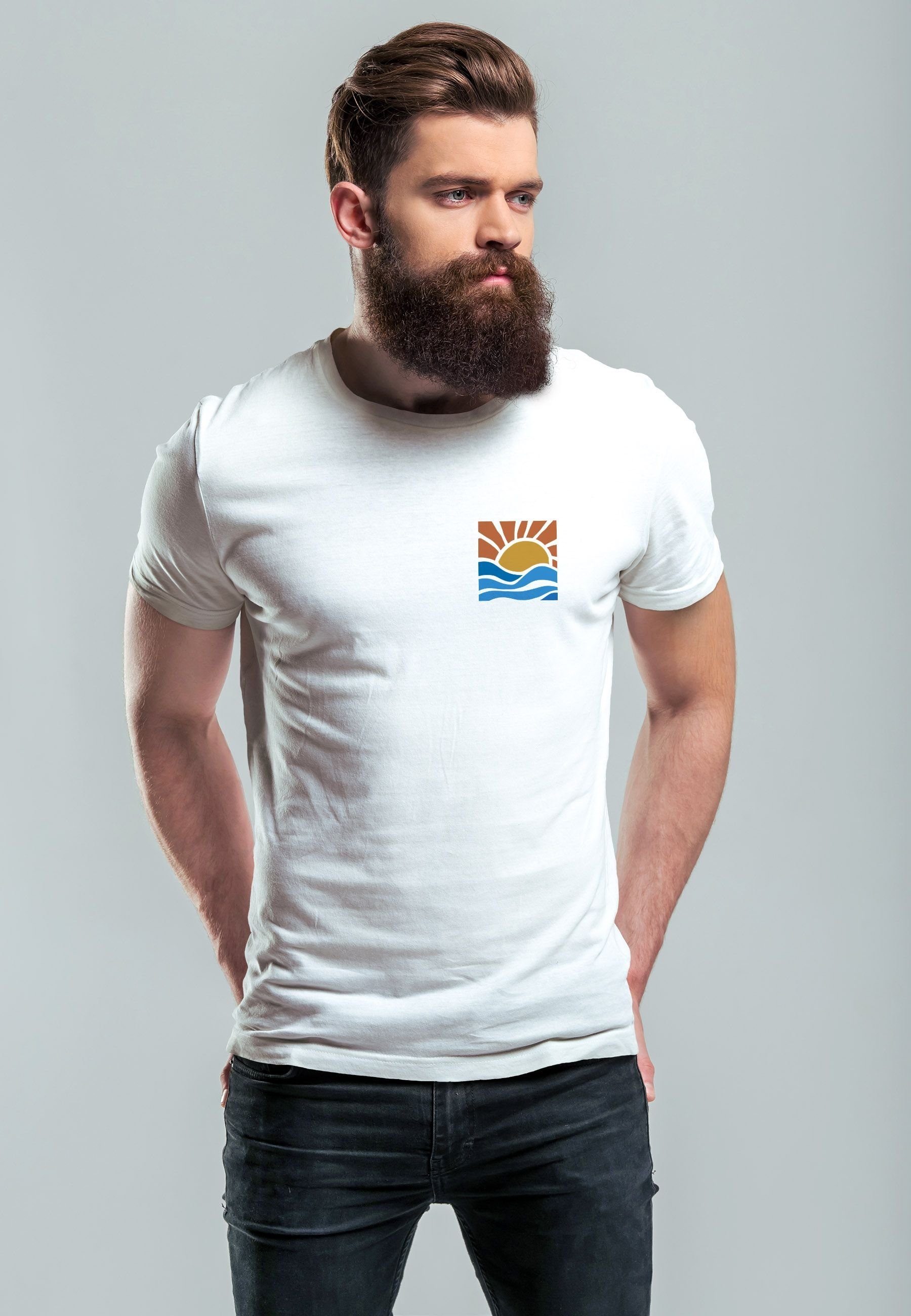Neverless Print-Shirt Herren T-Shirt Beach Print Sommer Fashio mit Sonne weiß Style Welle Logo Print Strand