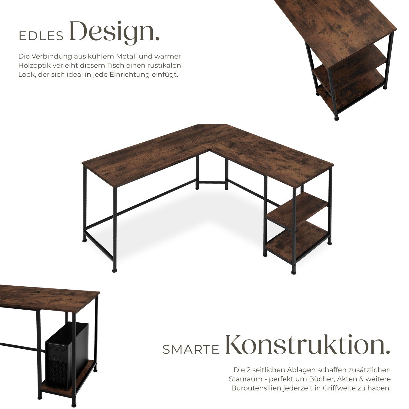 tectake Schreibtisch Hamilton (1-St., 1 tlg), Platzsparender Eckschreibtisch im luftig-leichten Industrie-Design