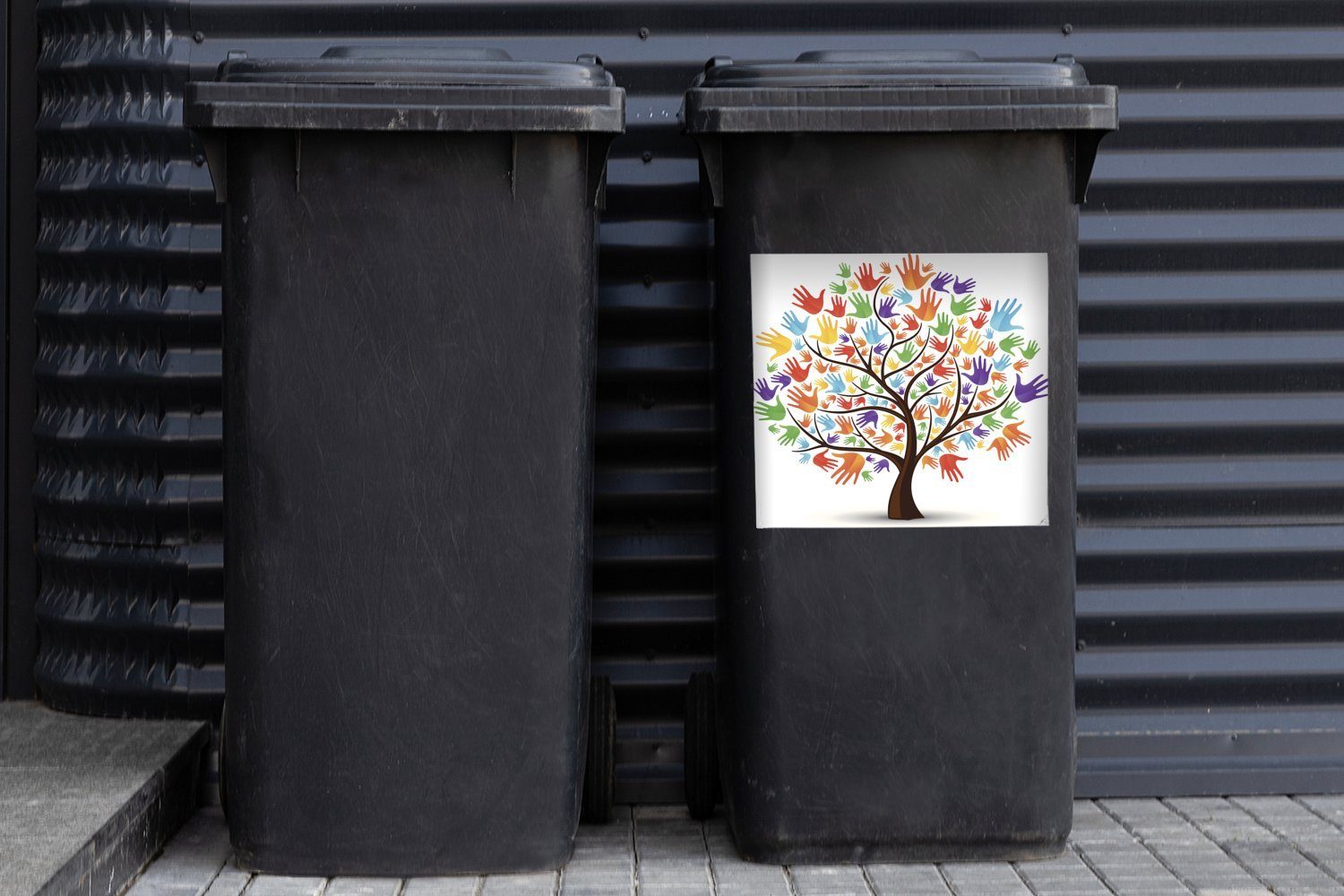 Wandsticker Mülltonne, von Sticker, Baum MuchoWow Händen Container, St), Abfalbehälter (1 Vektor-Illustration Eine mit bunten einem Mülleimer-aufkleber,