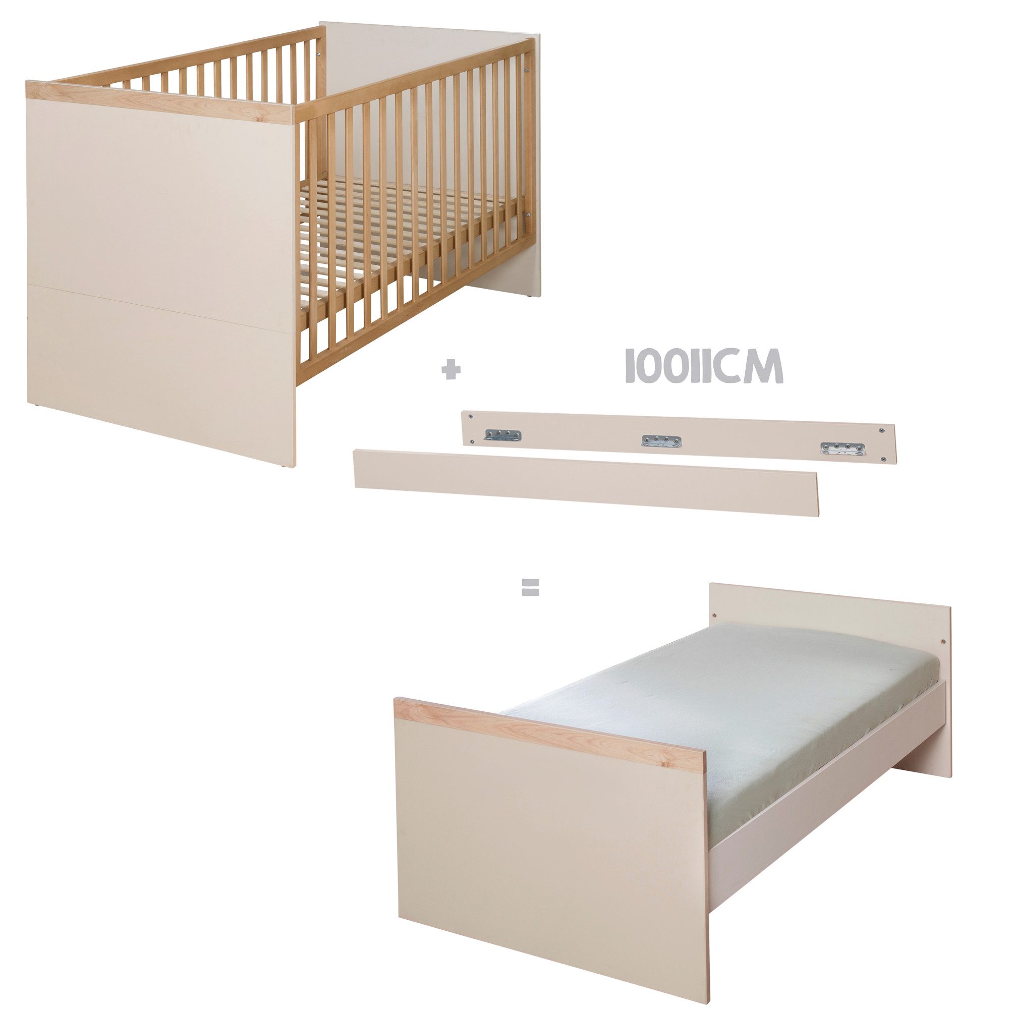 roba® Jil Baby Room Complete Set - Modern children's room in cashmere with chestnut decor, (3-piece set, cot 70 x 140 cm, wardrobe & changing table), High-quality solid wood handles
