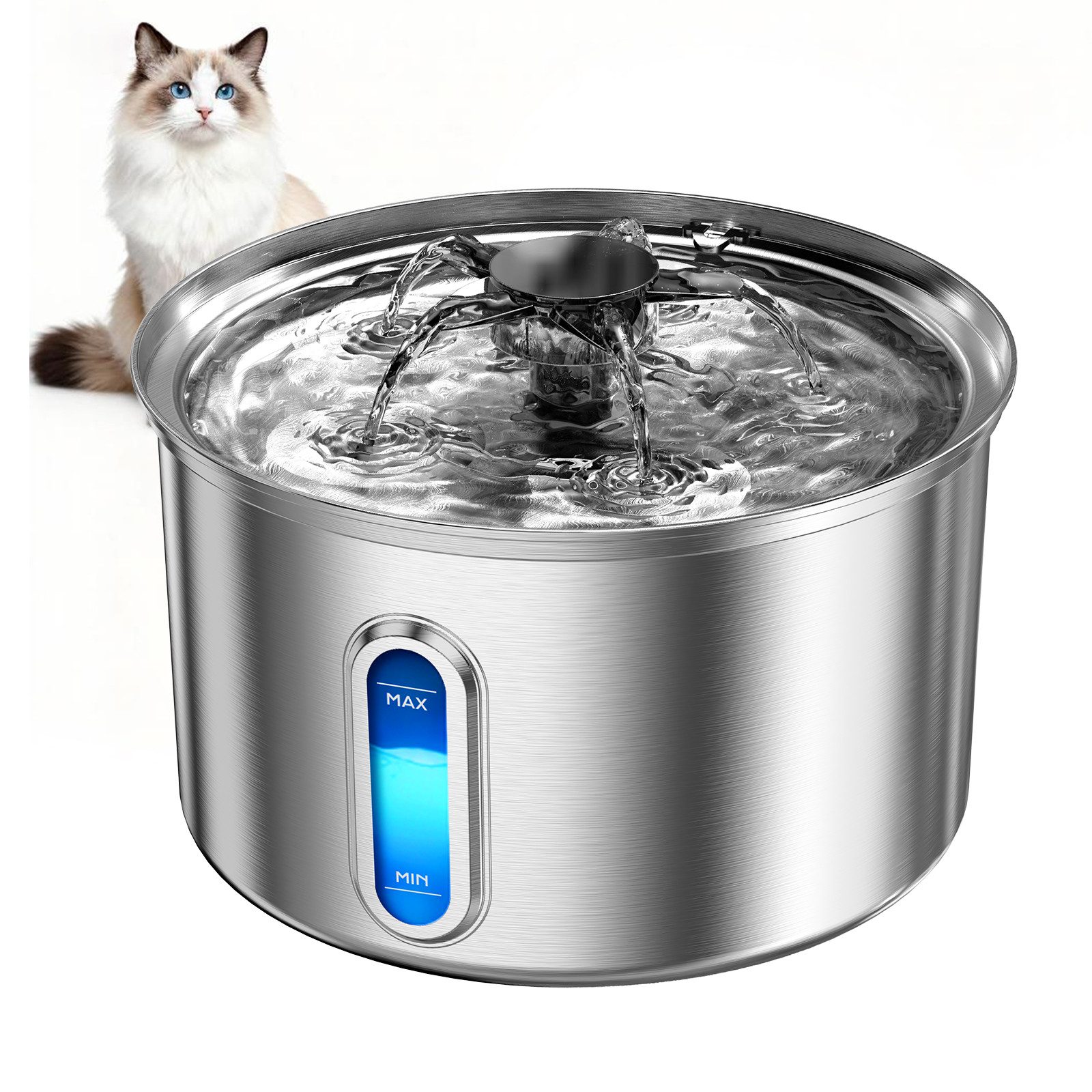 AeroAxis Trinkbrunnen 3,2 L Katzenbrunnen Edelstahl, Wasserspender Für Katze und Hunde 3.2 l, 2 Filter, Einfach Reinigbar, mit Wasserstandsfenster, leise