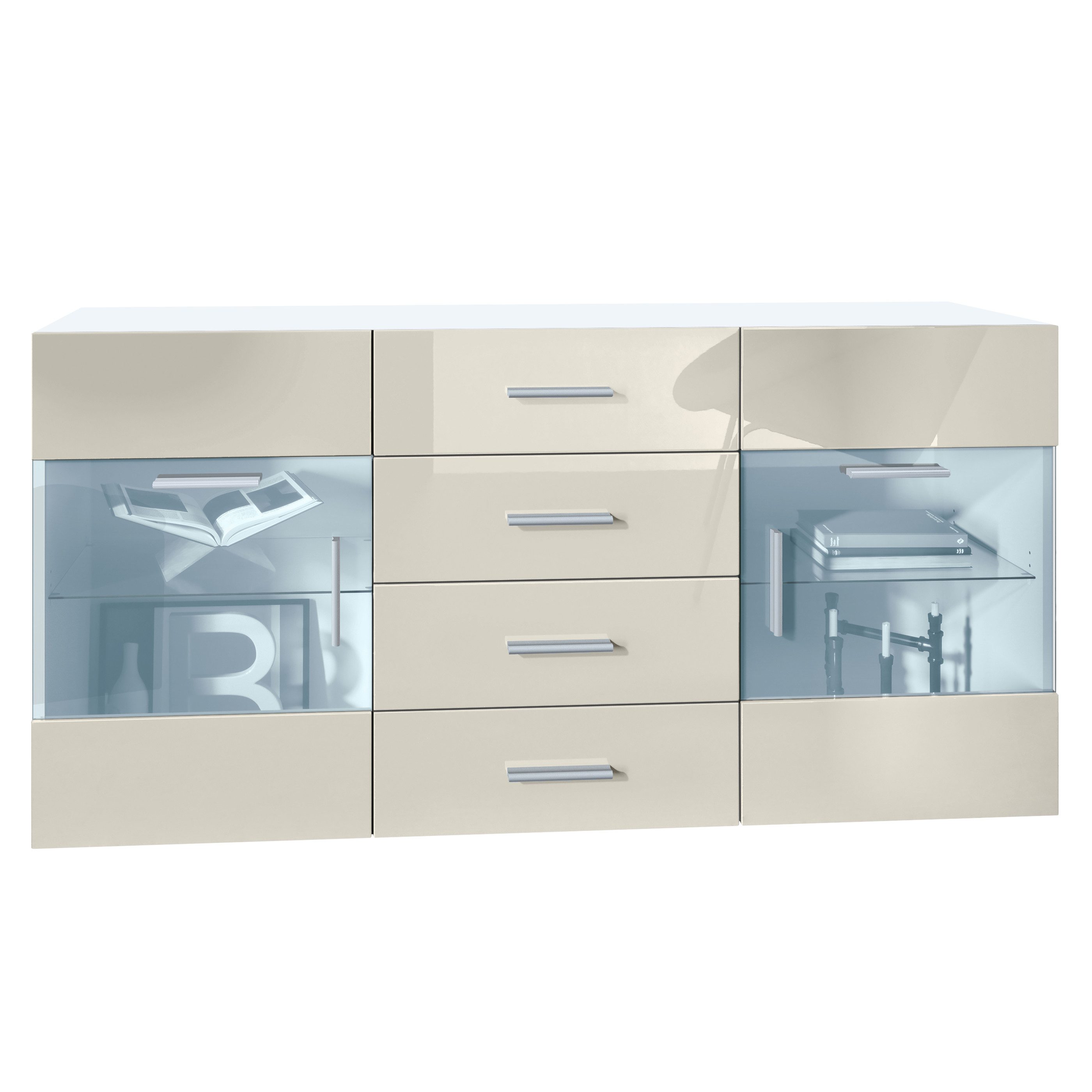 Vladon Sideboard Carlos V1 (Kommode mit 2 Türen, ​ 4 Schubladen und 2 flexible Glaseinlegeböden), Weiß matt/Creme Hochglanz (139 x 72 x 35)
