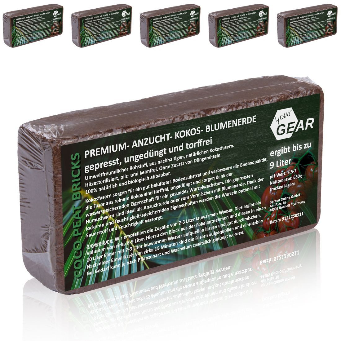 Anzucht- und Kräutererde yourGEAR feinkörnige Kokoserde 54 L - 6x650g gepresste Blumenerde Aussaaterde aus Kokosfasern ungedüngt torffrei