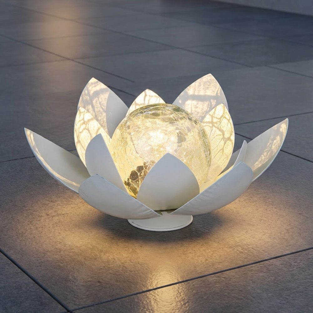 Haushalt International LED Solarleuchte, LED-Leuchtmittel fest verbaut, Warmweiß, LED Solarleuchte Lotusblume weiß Glas Außenleuchte Gartendeko D 27,6cm
