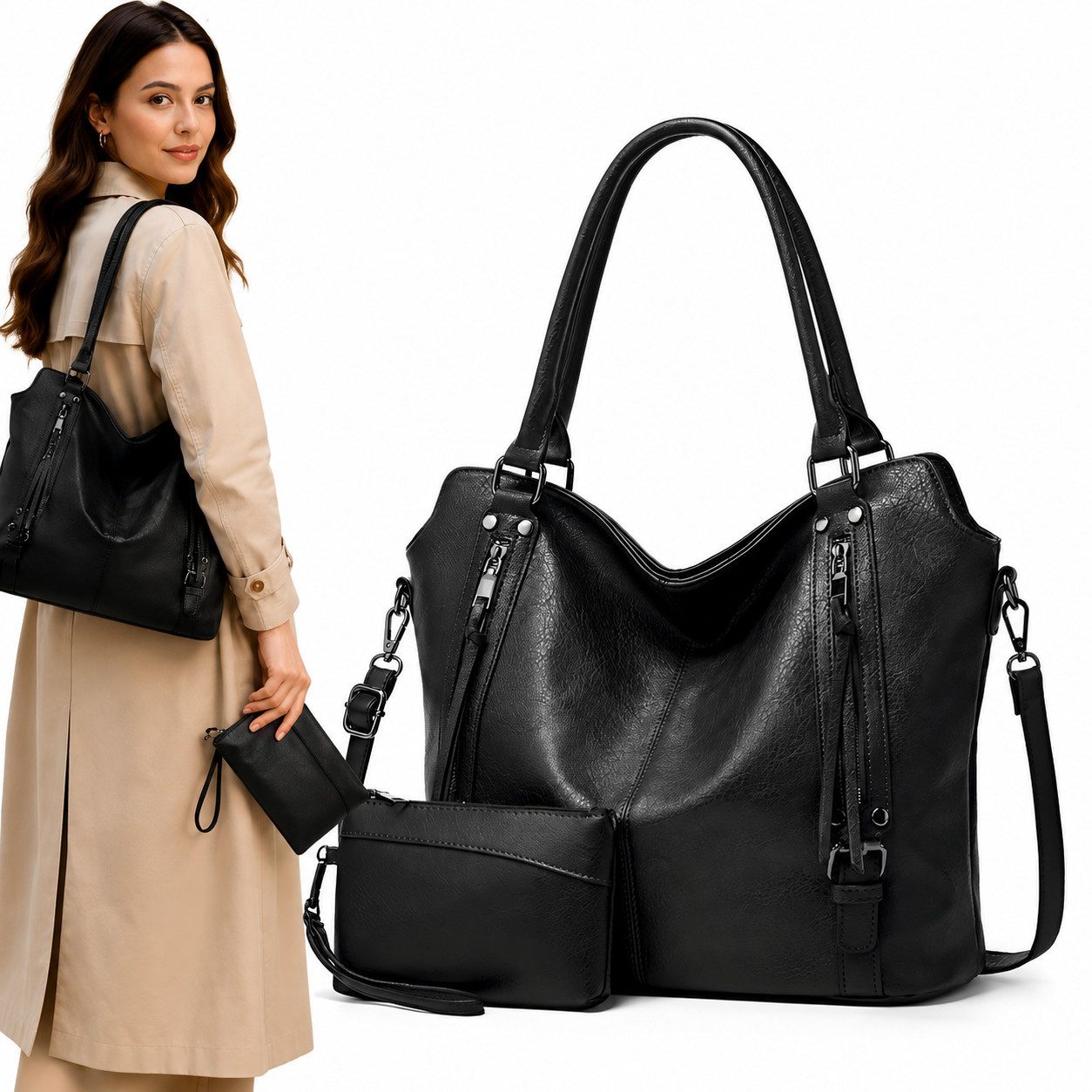 ibettertec Rucksack Damen Handtasche Groß Shopper mit Geldbörse, Elegante Schultertasche (Umhängetasche, Große Tasche mit vielen Fächern, 2-Tlg, Vegane Tasche für Alltag, Büro und Shopping), 44*16*32cm