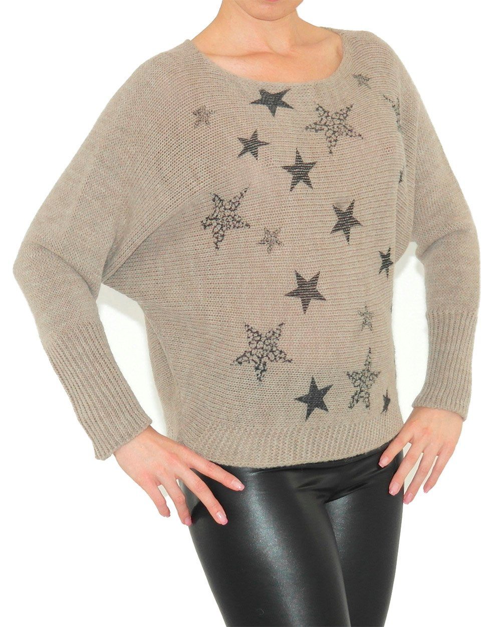 Longpullover Pullover Strick Pulli Fledermausärmel Top Wolle