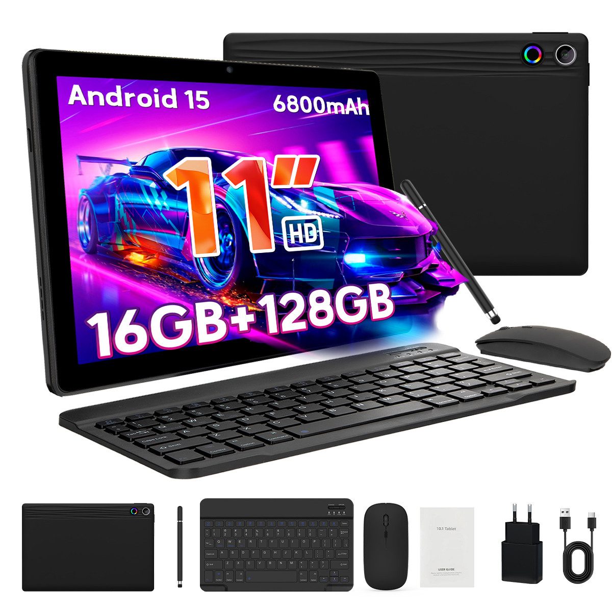 Happybe 11 Zoll Android 15, 128GB 1 TB TF Erweiterbar, HD 1280x800, 6800mAh Tablet (11", 128 GB, Android, 2,4G/5G WiFi, 16(4+12)GB RAM, WiFi 6, Bluetooth 5,3, mit Tastatur, Maus und Stift)