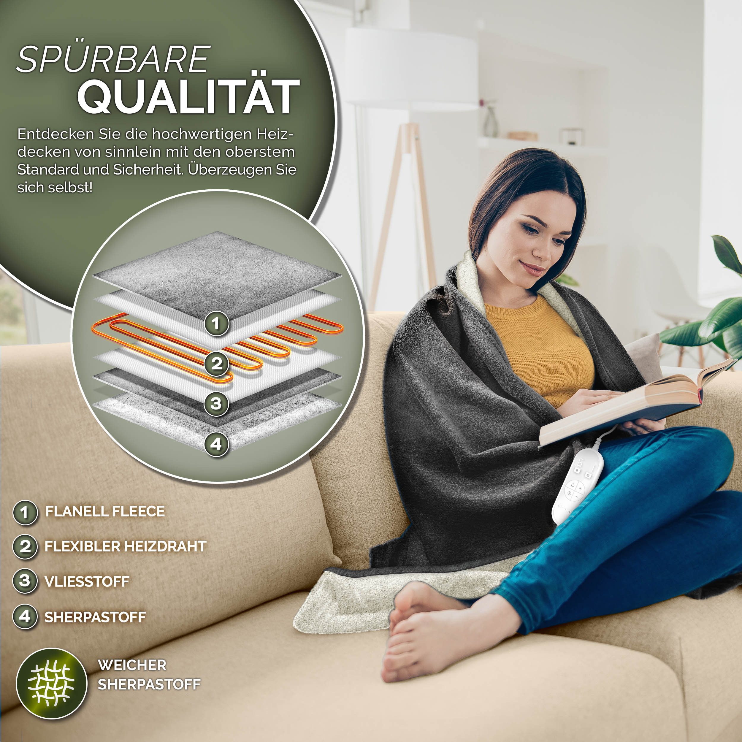 sinnlein Heizdecke mit Abschaltautomatik Elektrische Wärmedecke, mit 9 Temperaturstufen Kuscheldecke Bett, Sofa, Decke elektrisch mit Timer Digitalanzeige, 9 Temperaturstufen