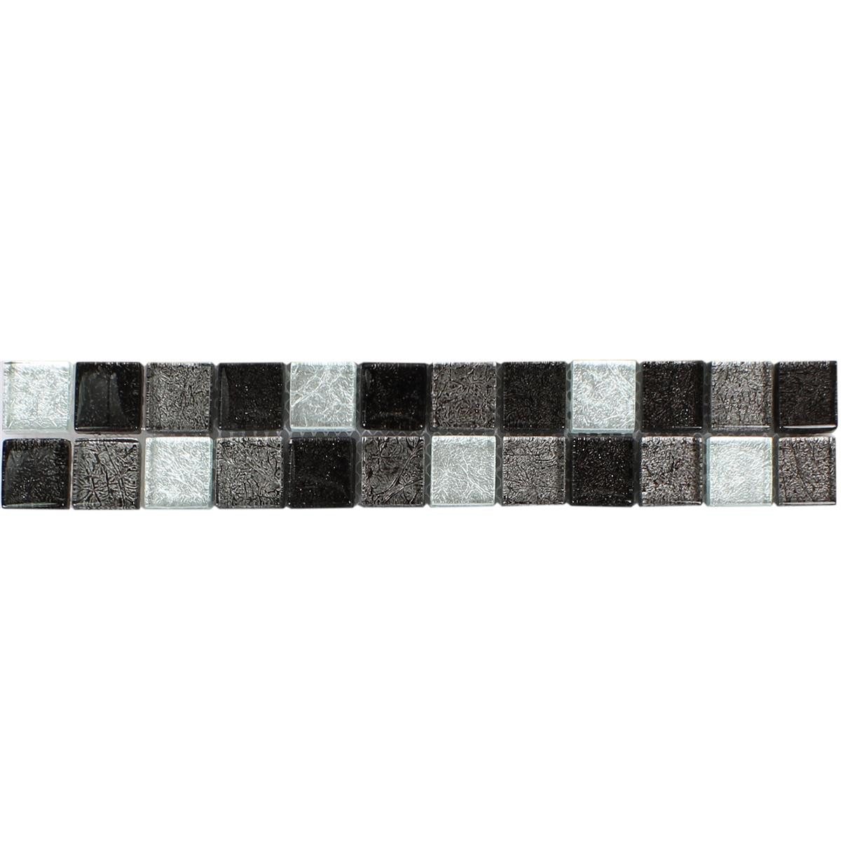 Mosafil Mosaikfliesen Glas Fliesenbordüre Johnstown Schwarz Silber, Glas 30.000x4.800, schwarz-silber, Verlegefertig auf ein Netz geklebt - Wasserfest