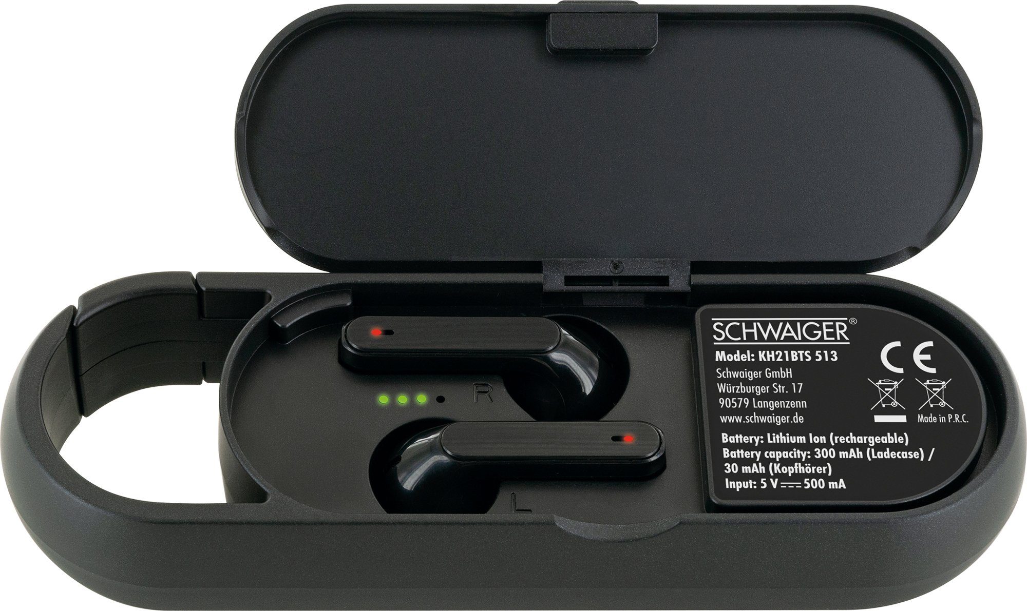 Schwaiger KH21BTS 513 Bluetooth-Kopfhörer (Bluetooth, Ladecase mit integriertem Lautsprecher, Clip zum Aufhängen)