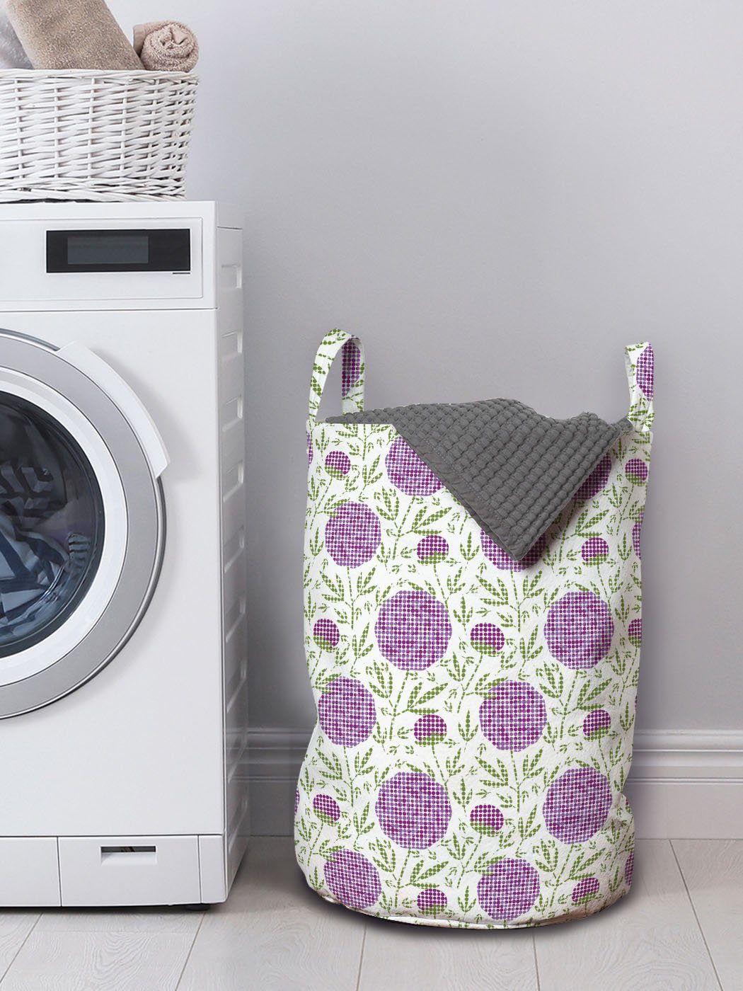 Kordelzugverschluss für mit Wäschesäckchen Griffen Kreise Floral Waschsalons, Pixel-Like-Punkte Abakuhaus Wäschekorb