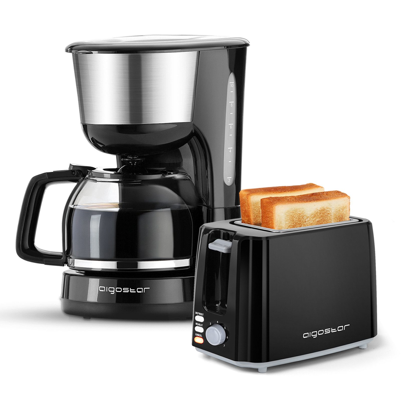 Aigostar Frühstücks-Set Kaffeemaschine 1,25L, 1000W/Toaster mit 2 Breite Toastschlitze, 750W, Warmhalteplatte, Abschaltautomatik, Tropf-Stopp
