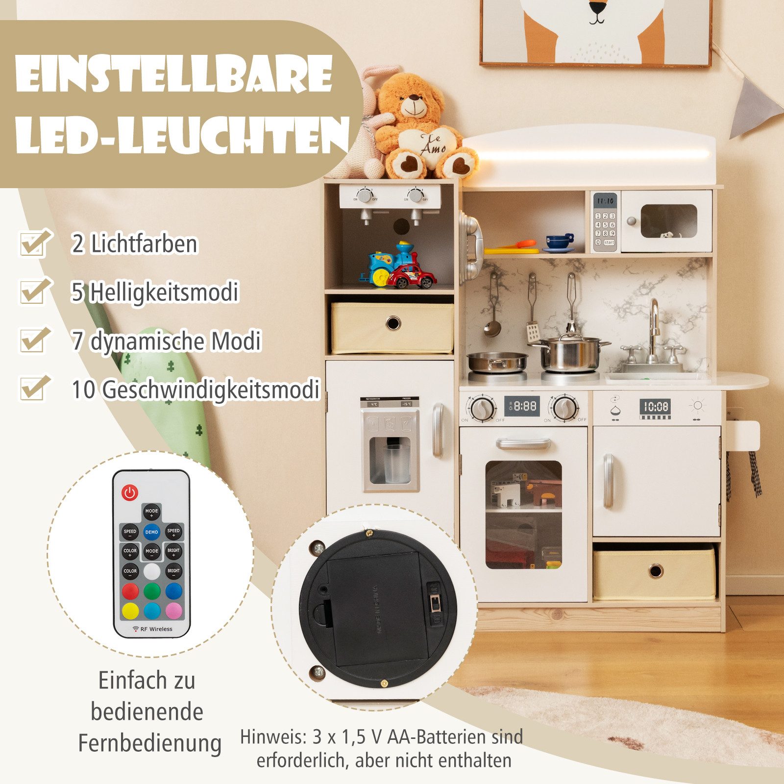 COSTWAY Spielküche Holz, mit abnehmbaren Stoffkörben & Regalen