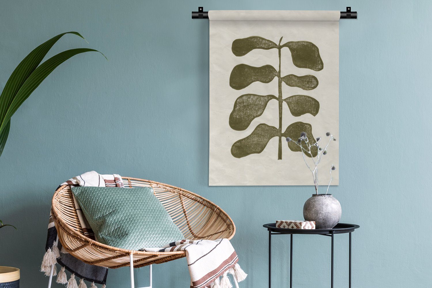 Wanddekoobjekt Wohnzimmer, Tapisserie, - Grün für an der MuchoWow Schlafzimmer - Pflanze - Pastell Blume, Deko Wand,