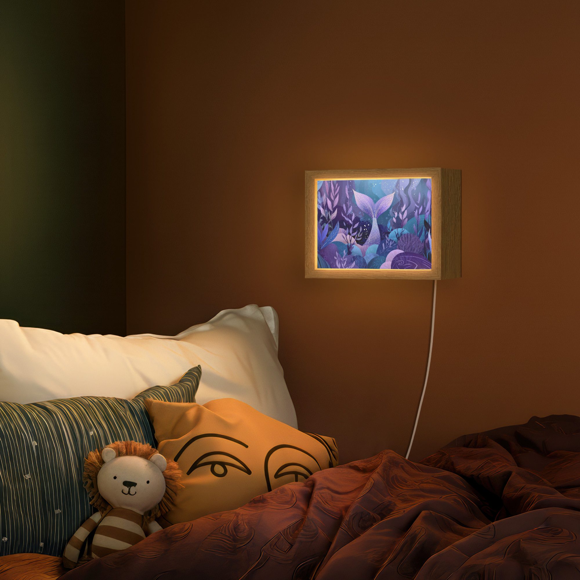 OnlyWow Wandleuchte Lightbox Meerjungfrauenschwanz - Unterwasserpflanzen - Lila - Blau - M, Dimmbar, Farbwechsel, LED, Warmweiß, Kaltweiß, Neutralweiß Einstellbar, Wandlampe Innen, Dimmbar, mit Kabel, LED, Modern, Kinder