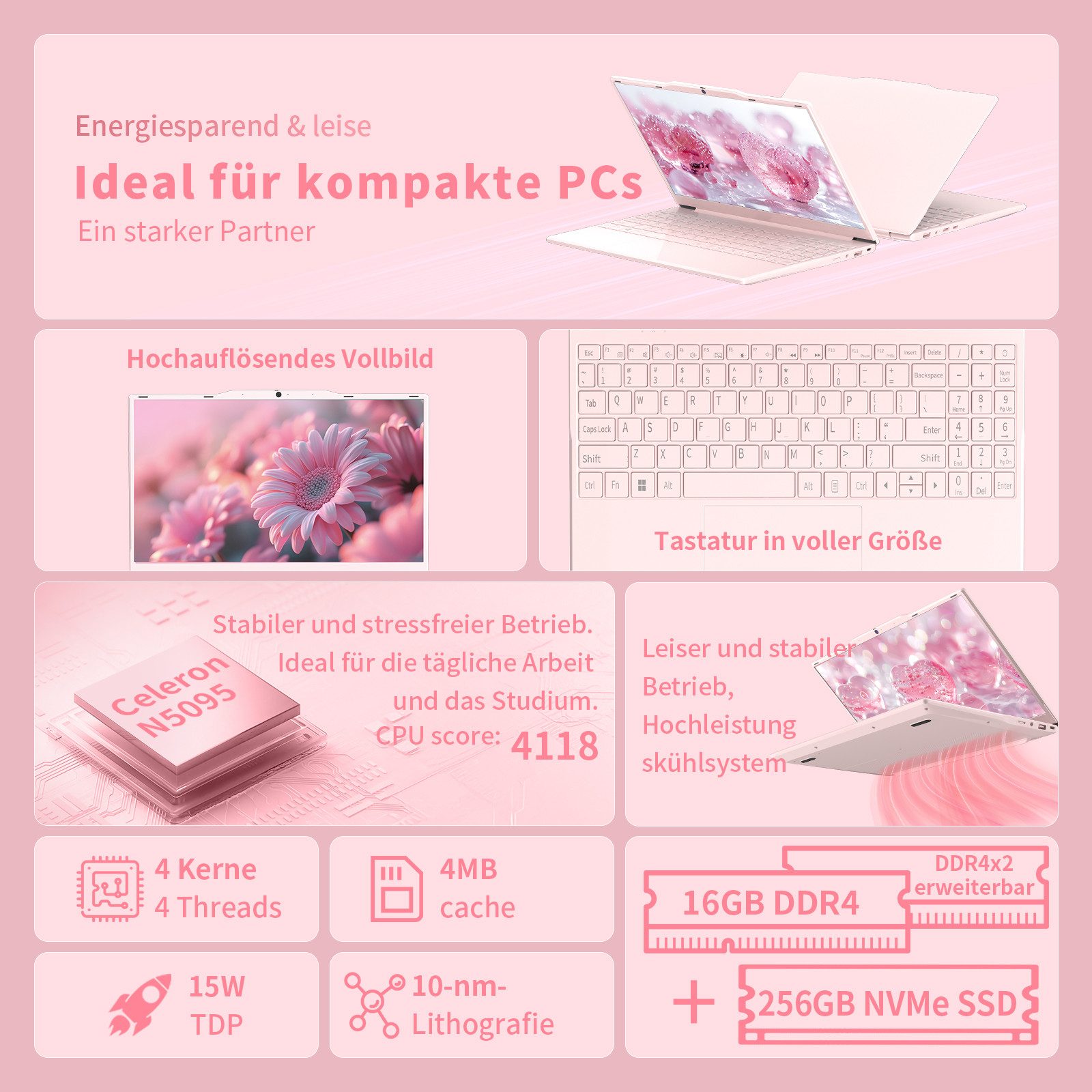 LONGEVINCE Rosa Laptop, 14 Zoll Full HD IPS - 16GB RAM, 1920x1080 Bildschirm Notebook (35,56 cm/14 Zoll, Intel Celeron N5095, Intel UHD Graphics, 16 GB, 238 GB SSD)