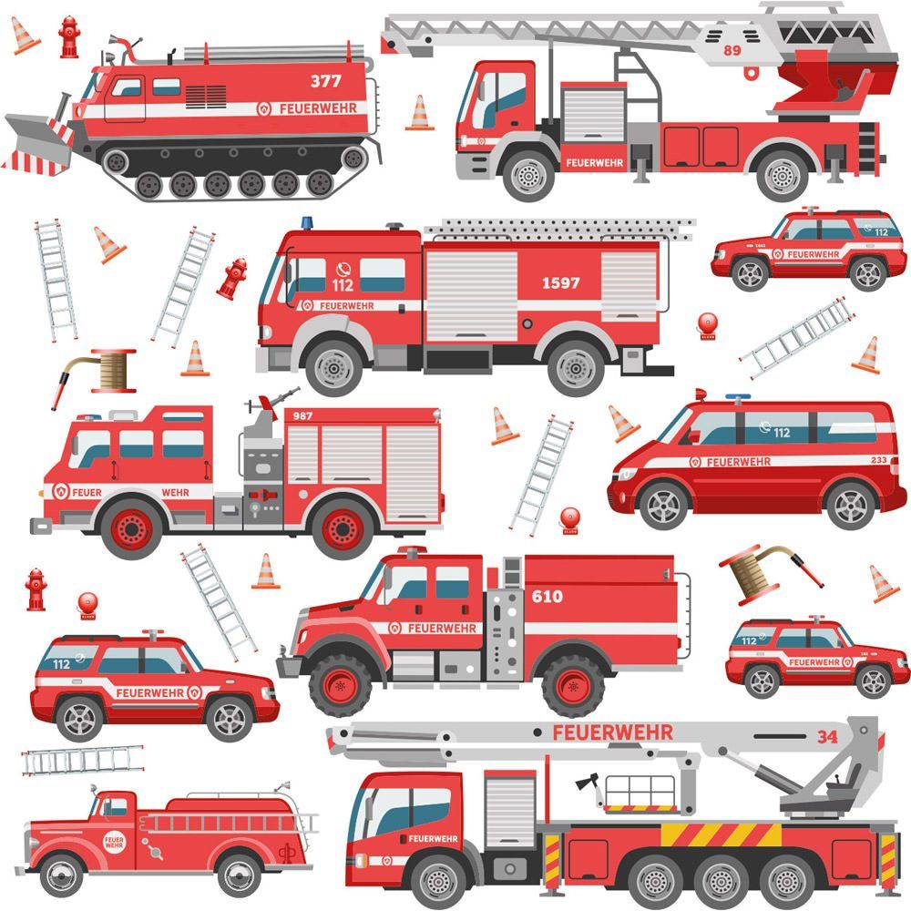 Sunnywall Wandtattoo XXL Wandtattoo Feuerwehr Set Kinderzimmer Aufkleber