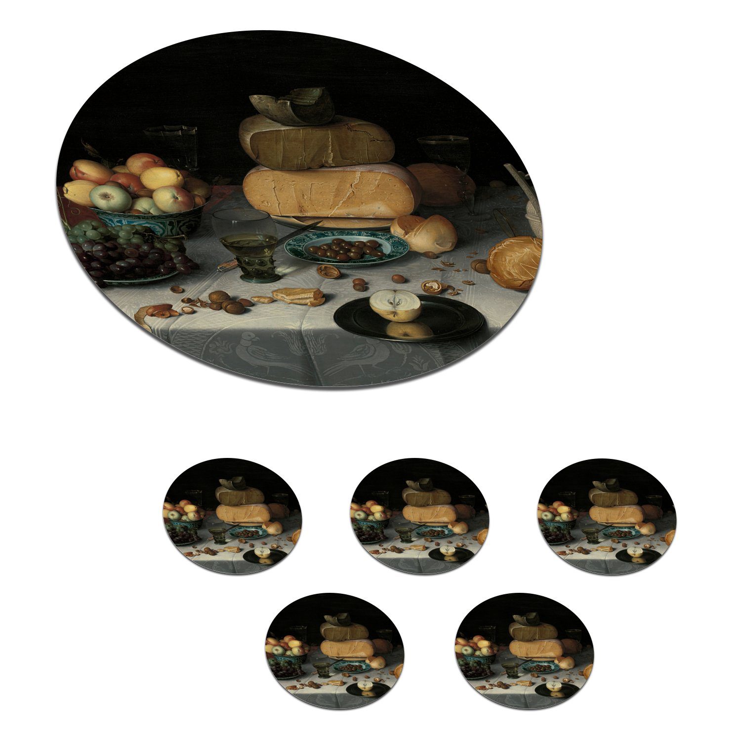 MuchoWow Glasuntersetzer Stilleben mit Käse - Gemälde von Floris Claesz. van Dijck, Zubehör für Gläser, 6-tlg., Getränkeuntersetzer, Tassenuntersetzer, Korkuntersetzer, Tasse, Becher