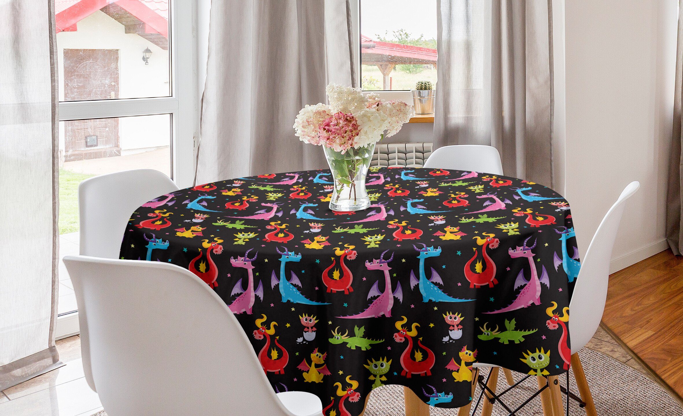 Abakuhaus Tischdecke Kreis Tischdecke Abdeckung Küche Drachen Schwarzem Dekoration, für Esszimmer auf Sterne Bunte